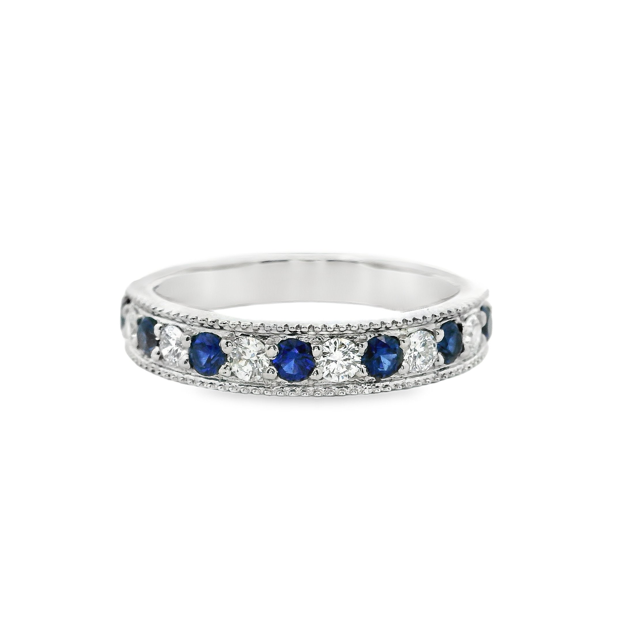 Platinum Round Sapphire & Diamond Half Eternity Ring, with Milgrain Edge