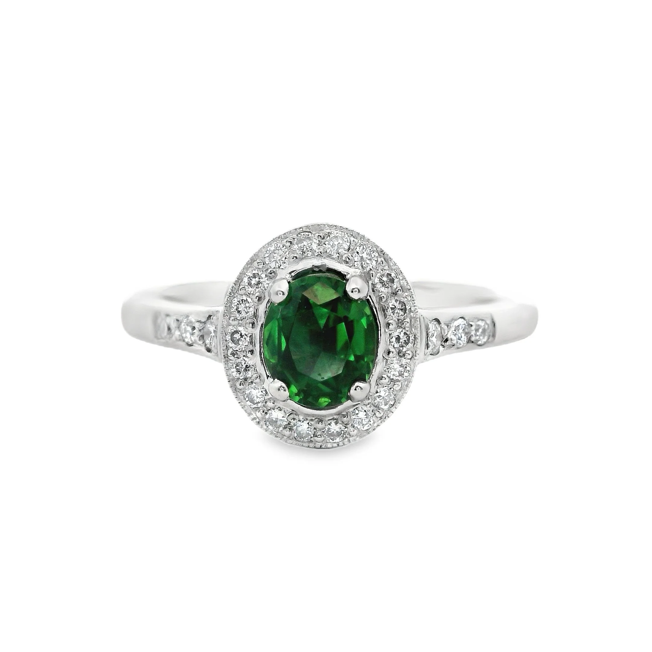 Platinum Claw Set Oval Chrome Tourmaline & diamond Halo Ring, with Diamond Shoulders