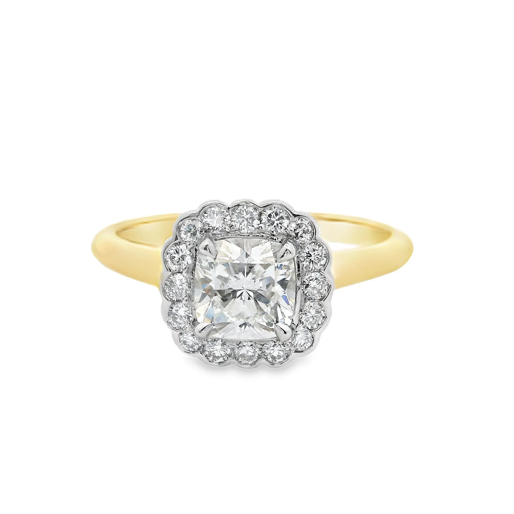 18ct Yellow Gold & Platinum Claw Set Cushion Diamond Cluster Ring