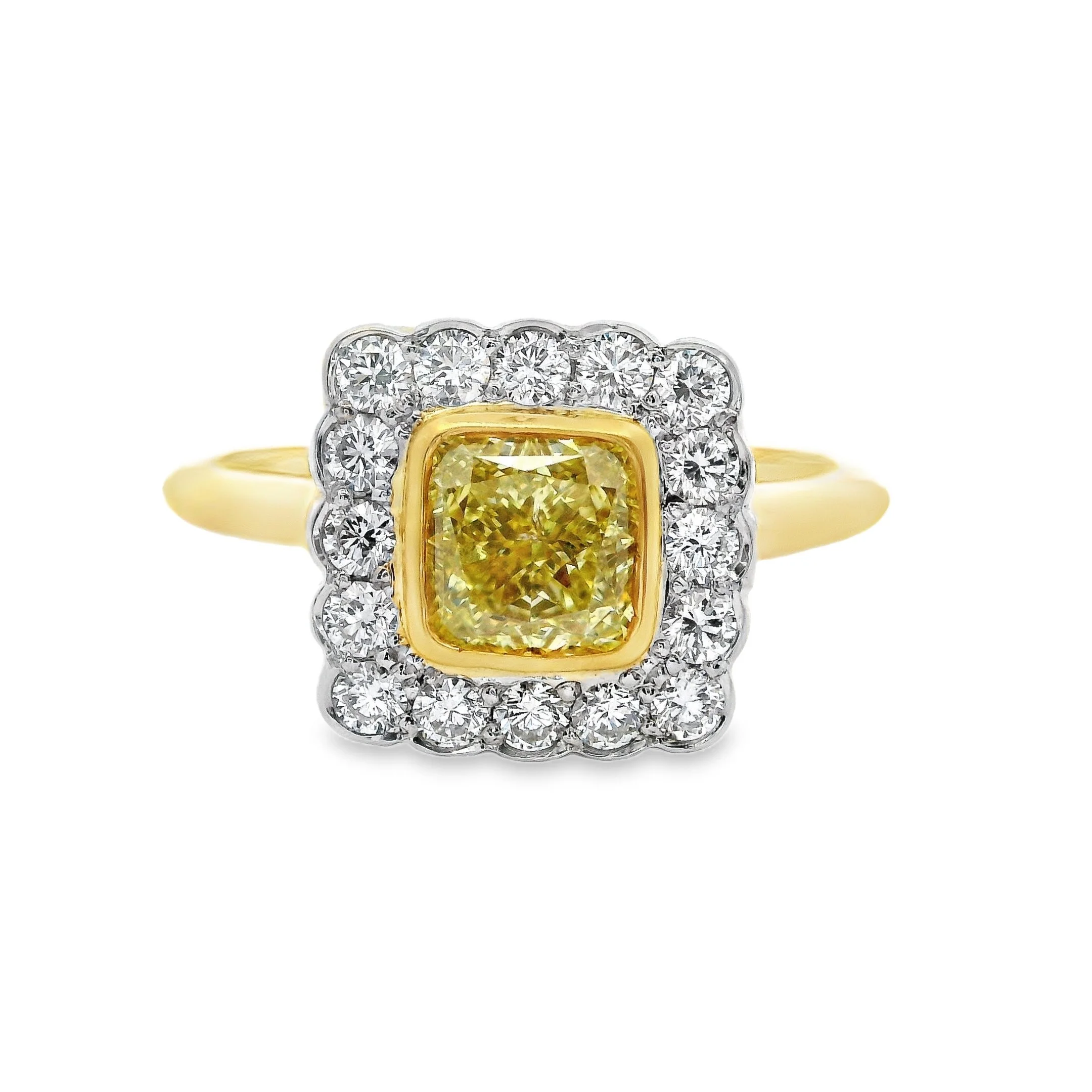 18ct Yellow Gold & Platinum Bezel Set Square Cushion Fancy Intense Yellow Diamond Cluster Ring