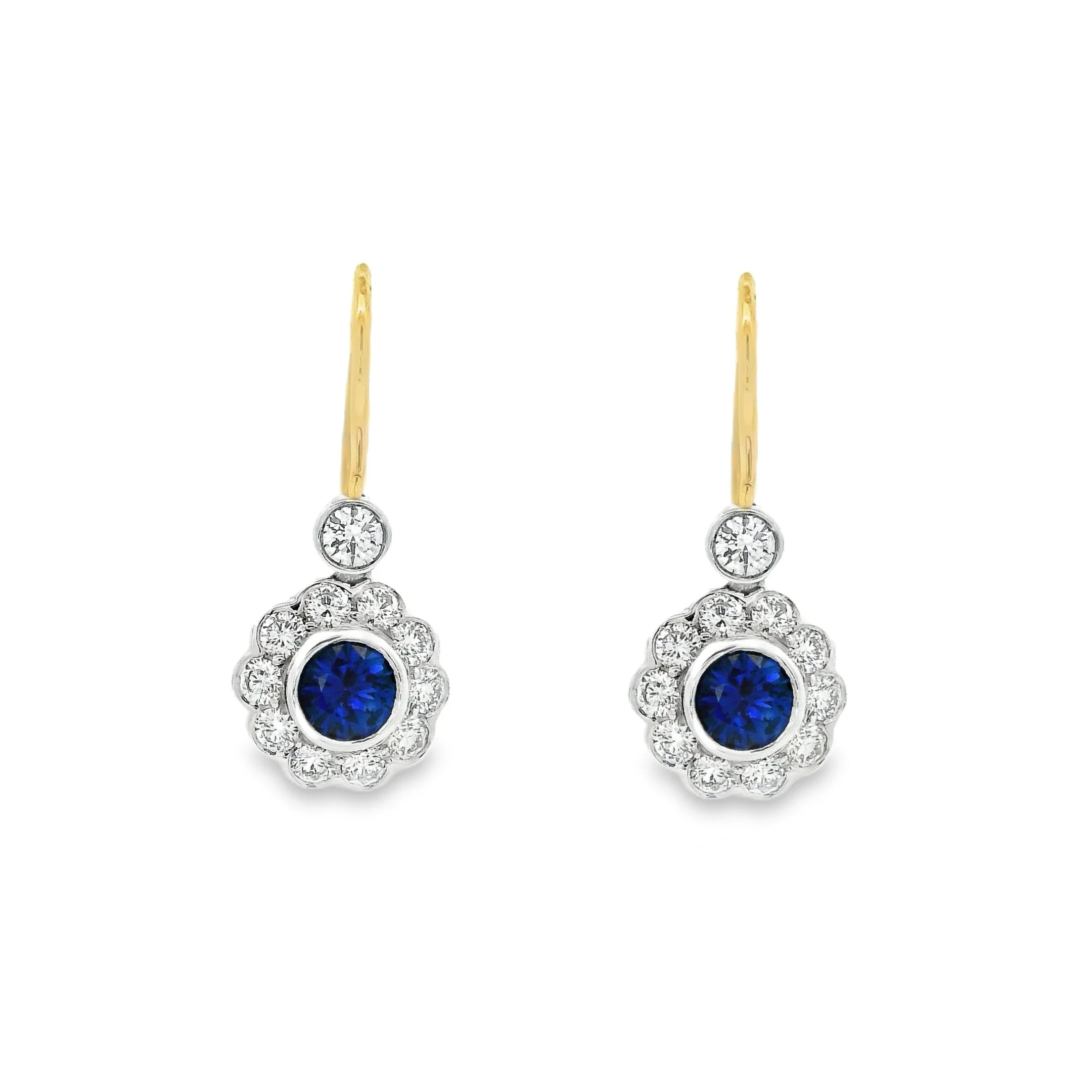 18ct White & Yellow Gold Bezel Set Round Sapphire & Diamond Cluster Drop Earrings
