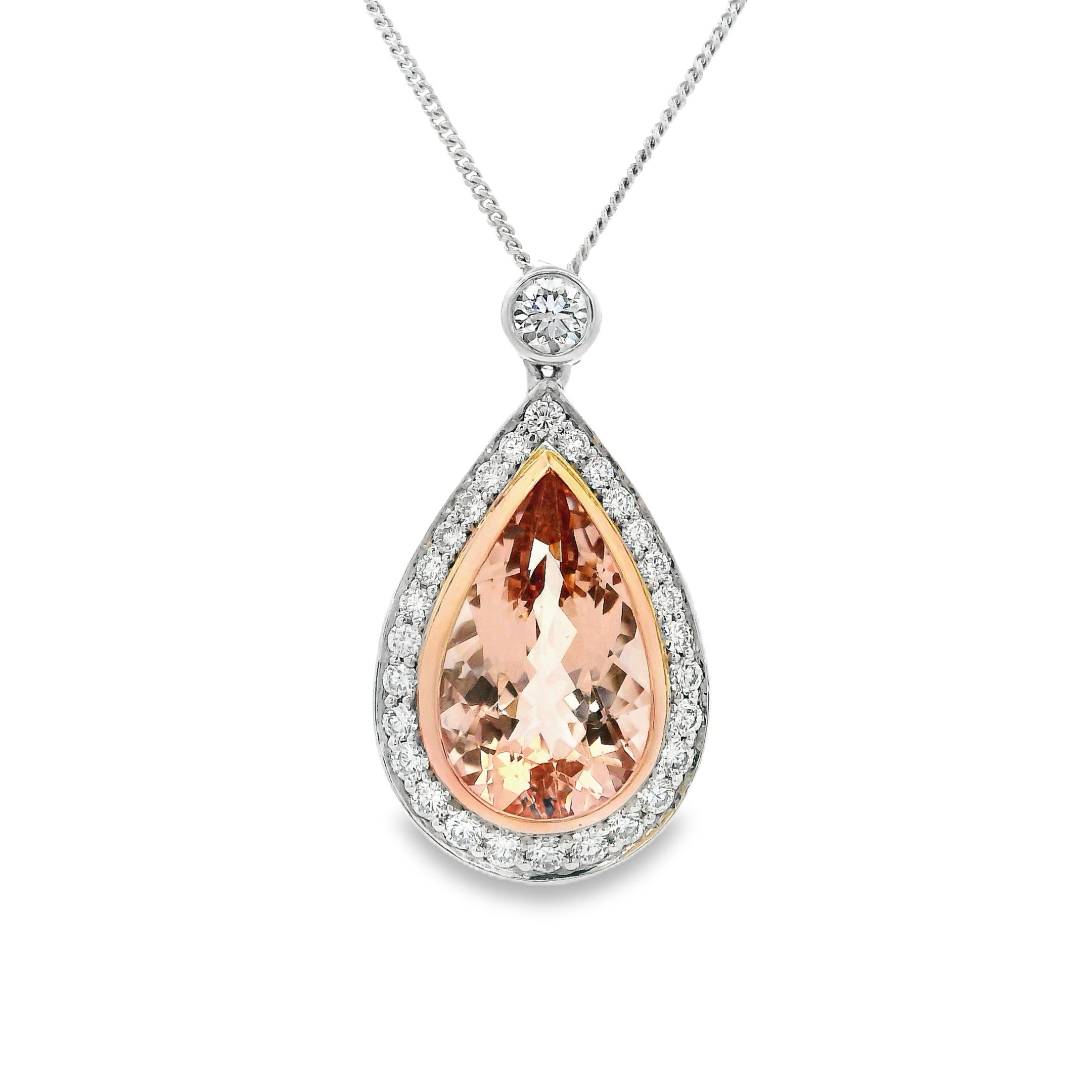 18ct White & Rose Gold Bezel Set Pear Shape Pink Morganite & Diamond Halo Pendant