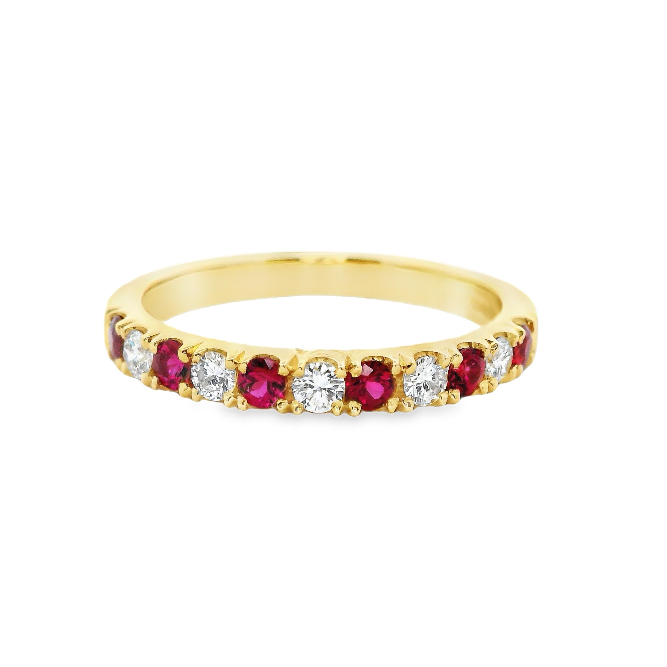 18ct Yellow Gold 2.5mm Castle Set Ruby & Diamond Half Eternity Ring
