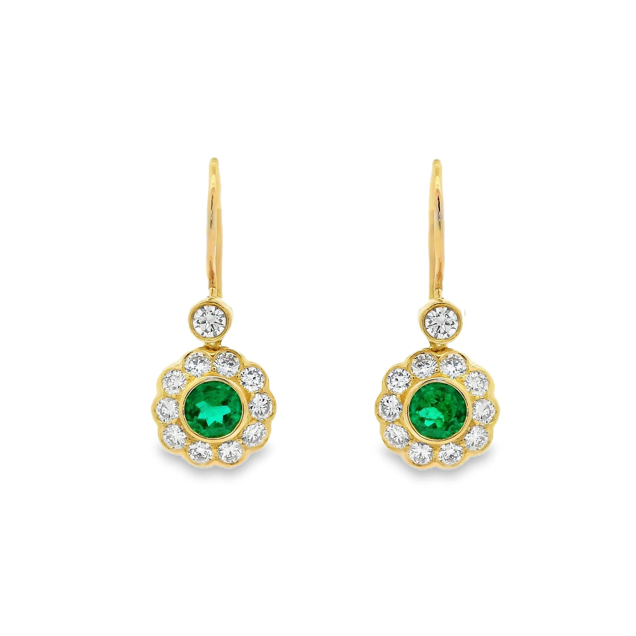 18ct Yellow Gold Bezel Set Round Emerald & Diamond Cluster Drop Earrings