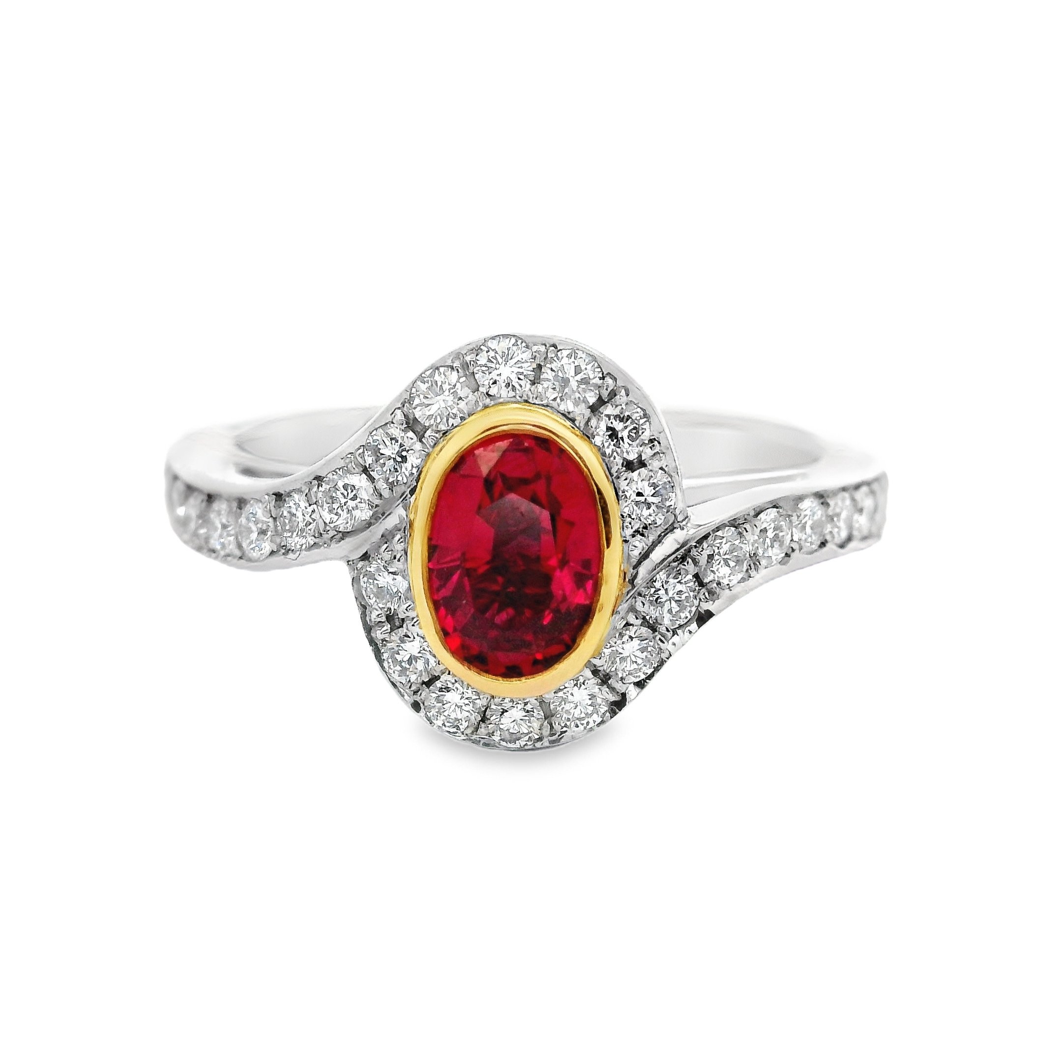 Platinum & 18ct Yellow Gold Bezel Set Oval Ruby & Diamond Halo Twist Ring
