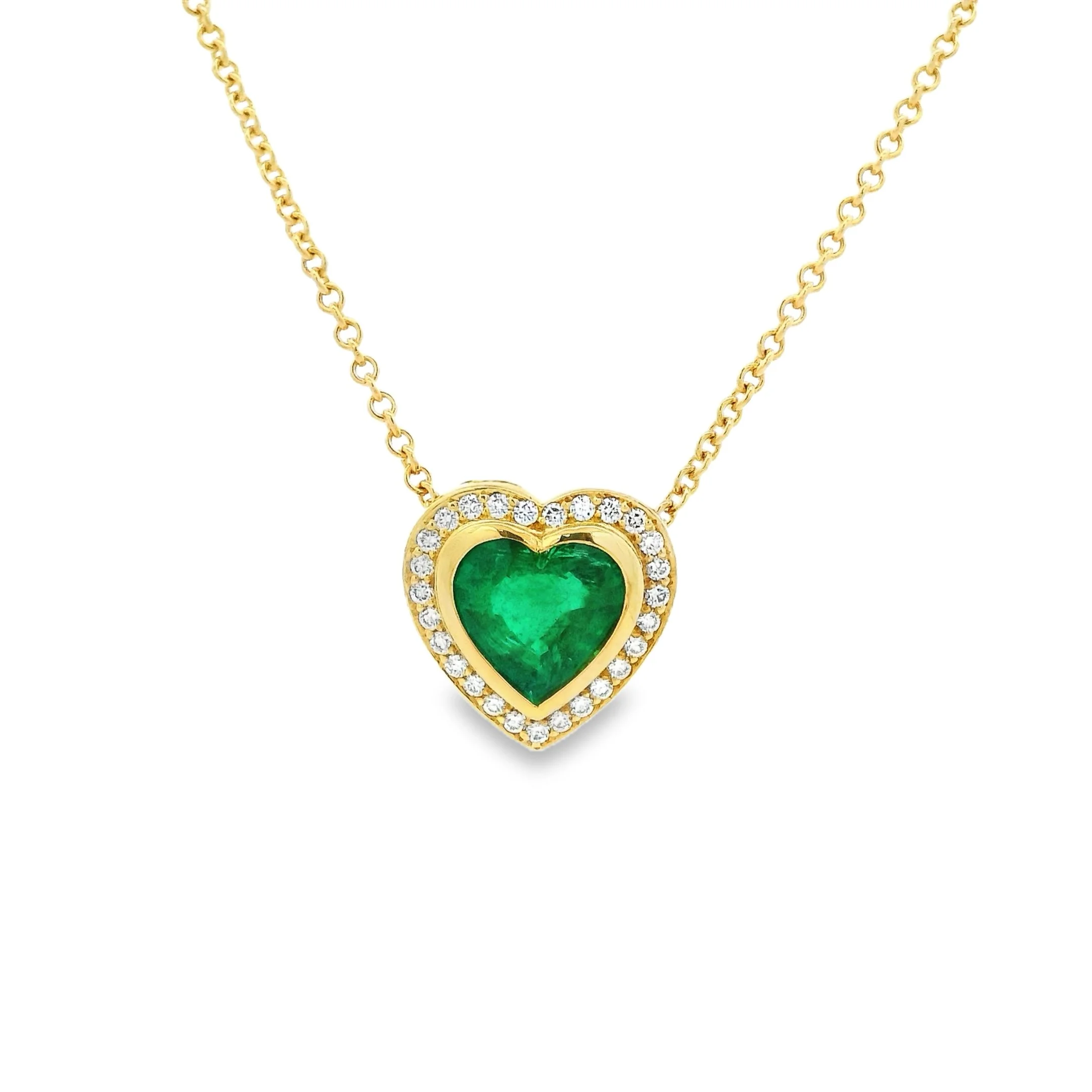 18ct Yellow Gold Bezel Set Heart Shape Emerald & Diamond Halo Pendant, with Scroll Filigree Detailed Sides