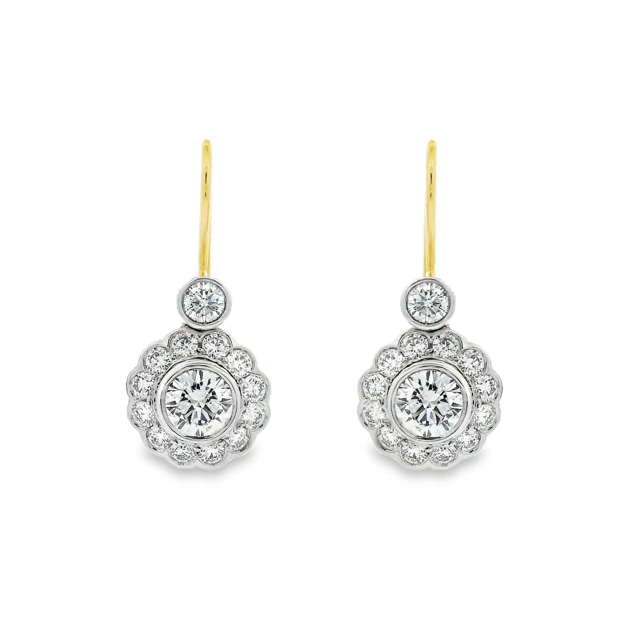 18ct White & Yellow Gold Bezel Set Brilliant Cut Diamond Cluster Drop Earrings