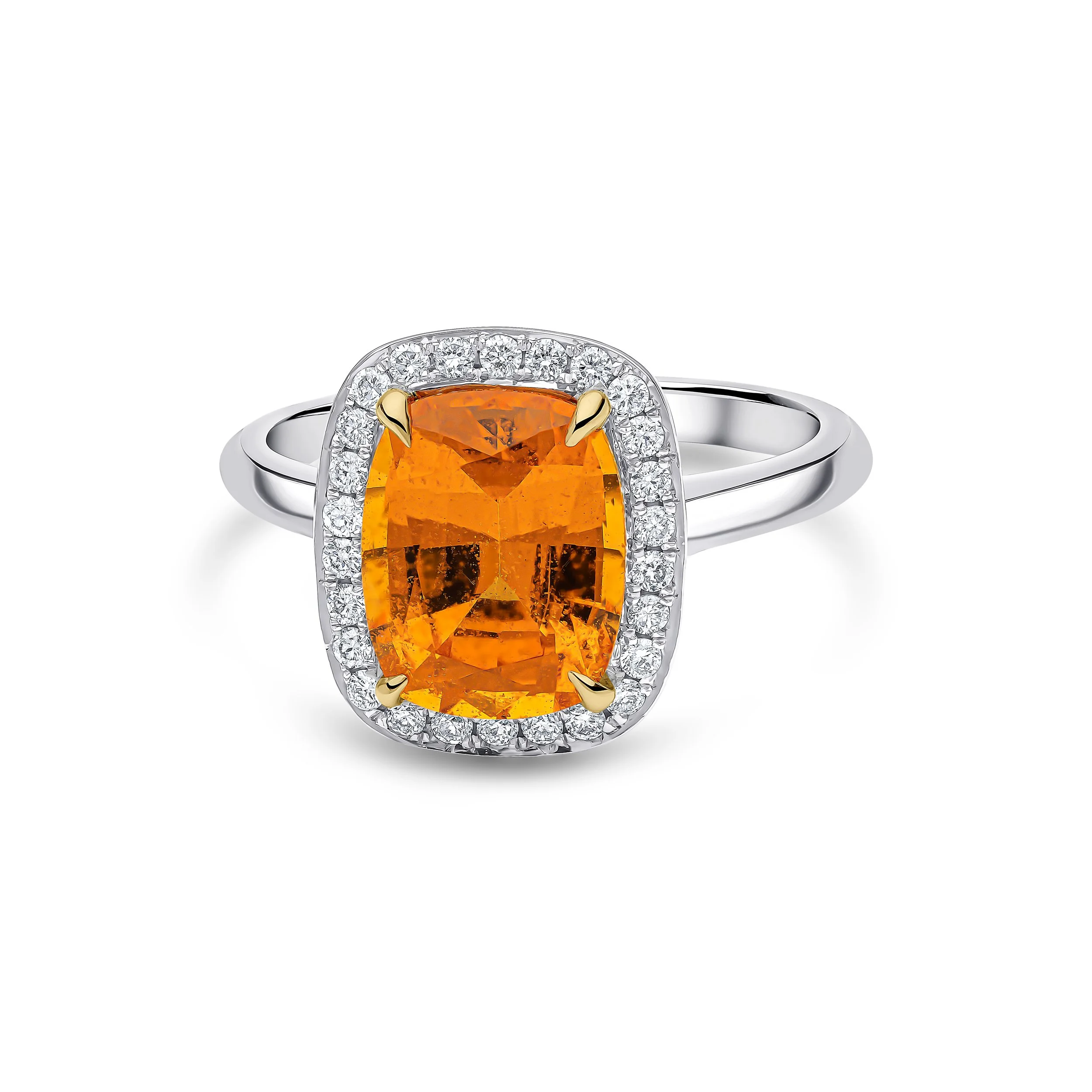 Platinum Claw Set Cushion Spessartite Garnet & Diamond Halo Ring