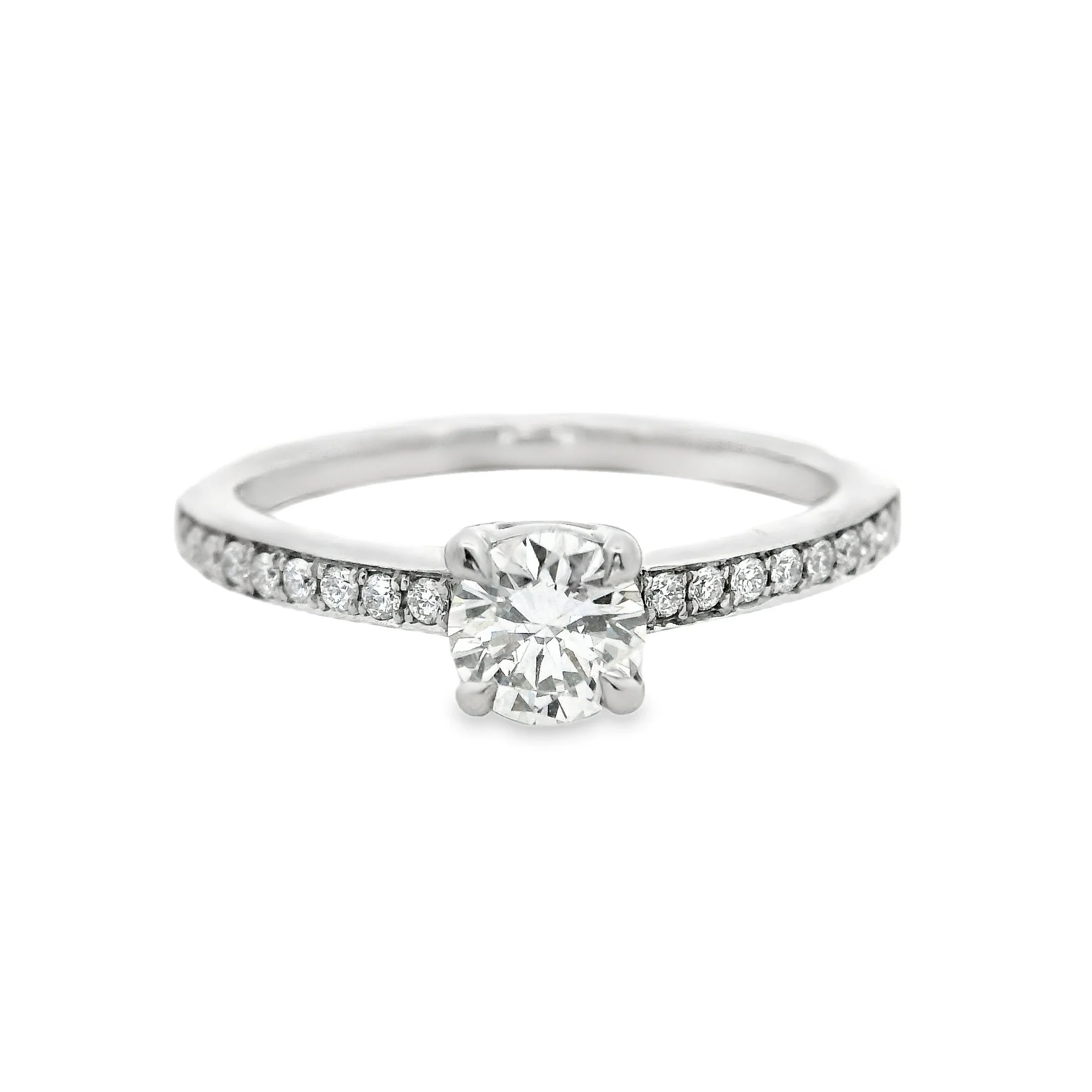 Platinum Claw Set Brilliant Cut Diamond Single Stone Ring, with Diamond Shoulders