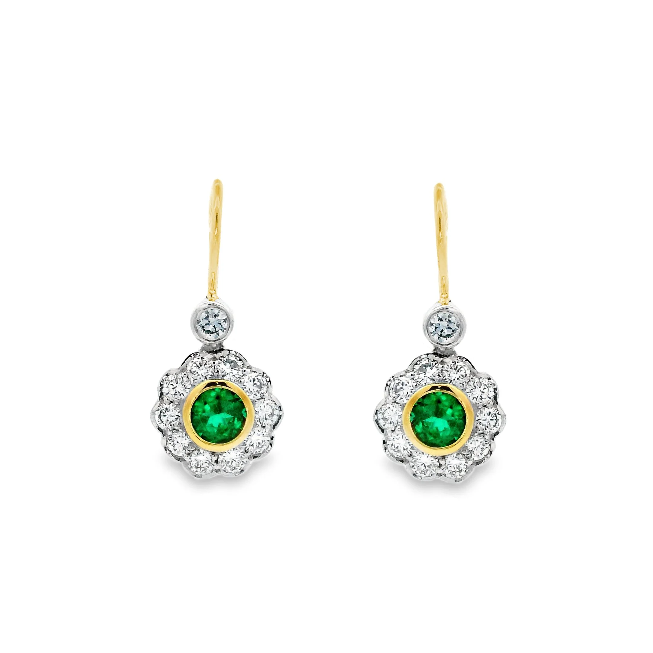18ct White & Yellow Gold Bezel Set Round Emerald & Diamond Cluster Drop Earrings