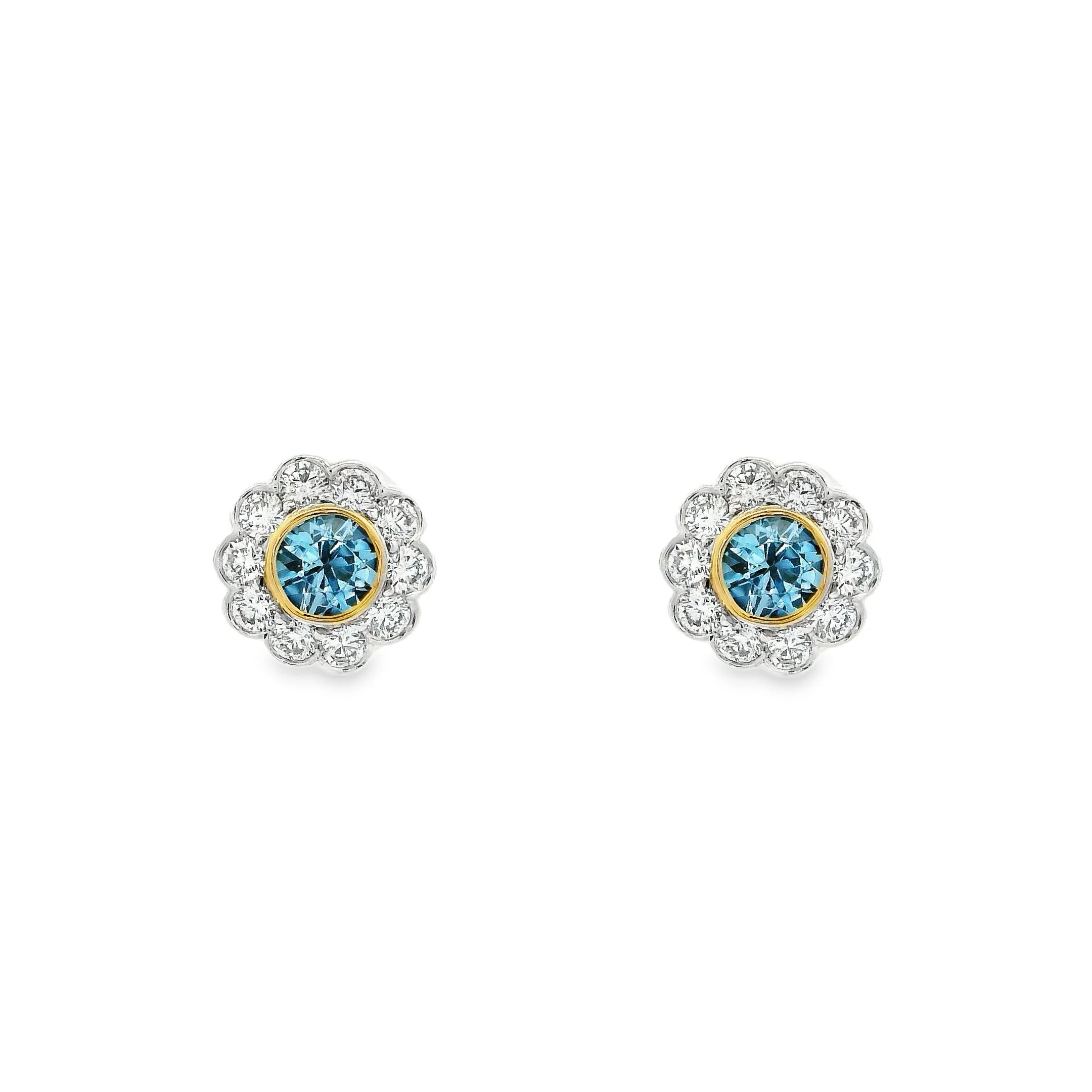 18ct White & Yellow Gold Bezel Set Round Aquamarine & Diamond Cluster Stud Earrings