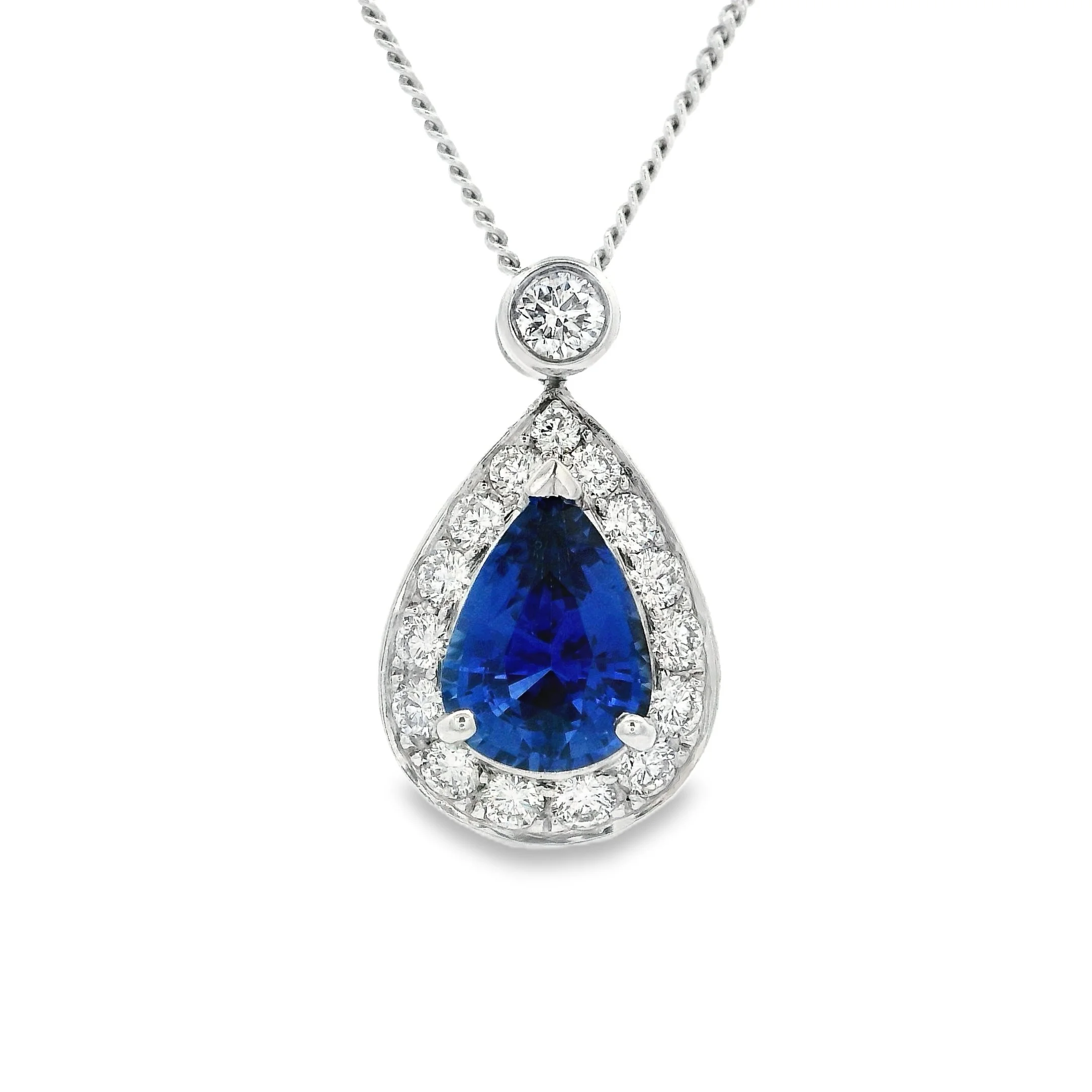 18ct White Gold Claw Set Pear Shape Sapphire & Diamond Halo Pendant