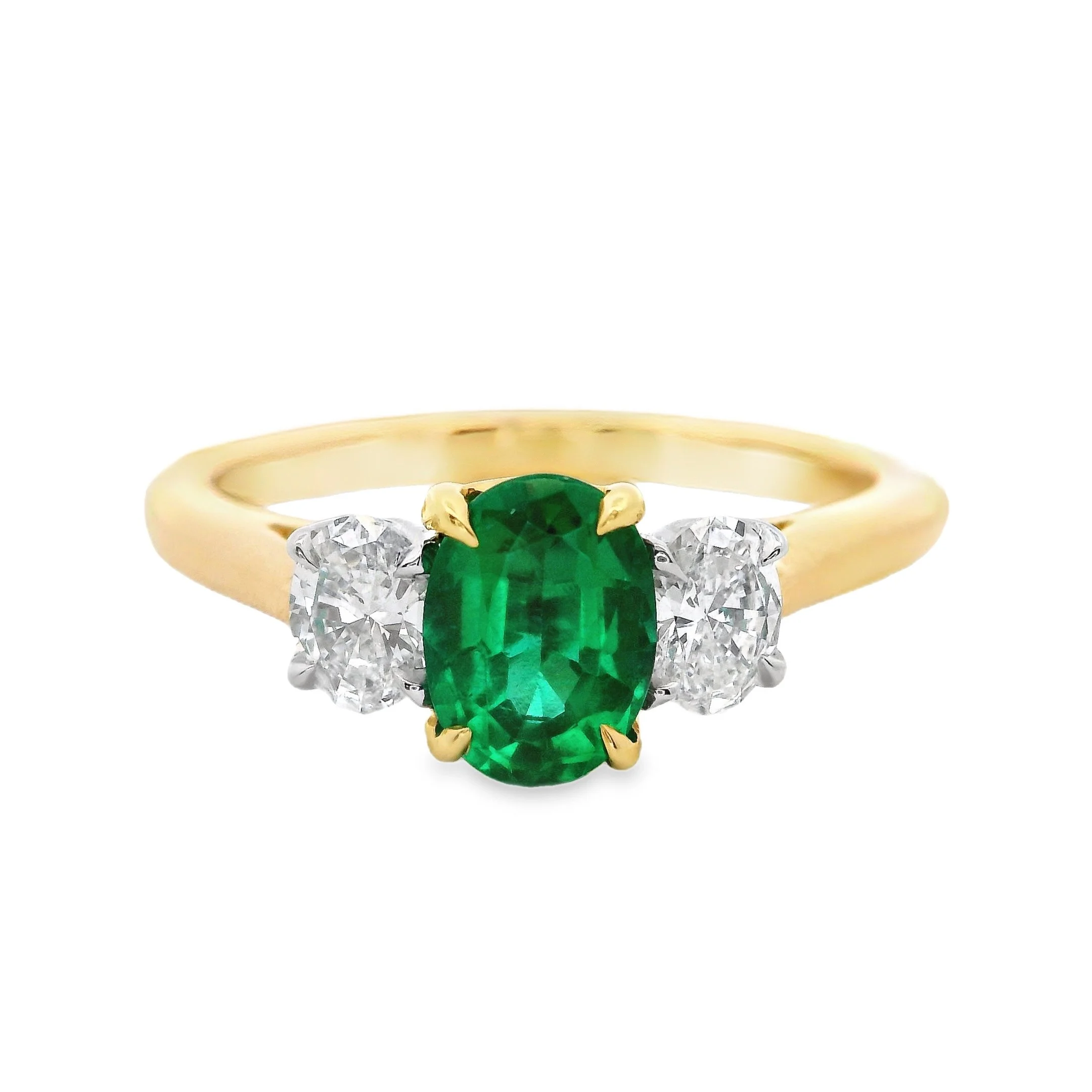 18ct Yellow Gold & Platinum Claw Set Oval Emerald & Diamond 3 Stone Ring