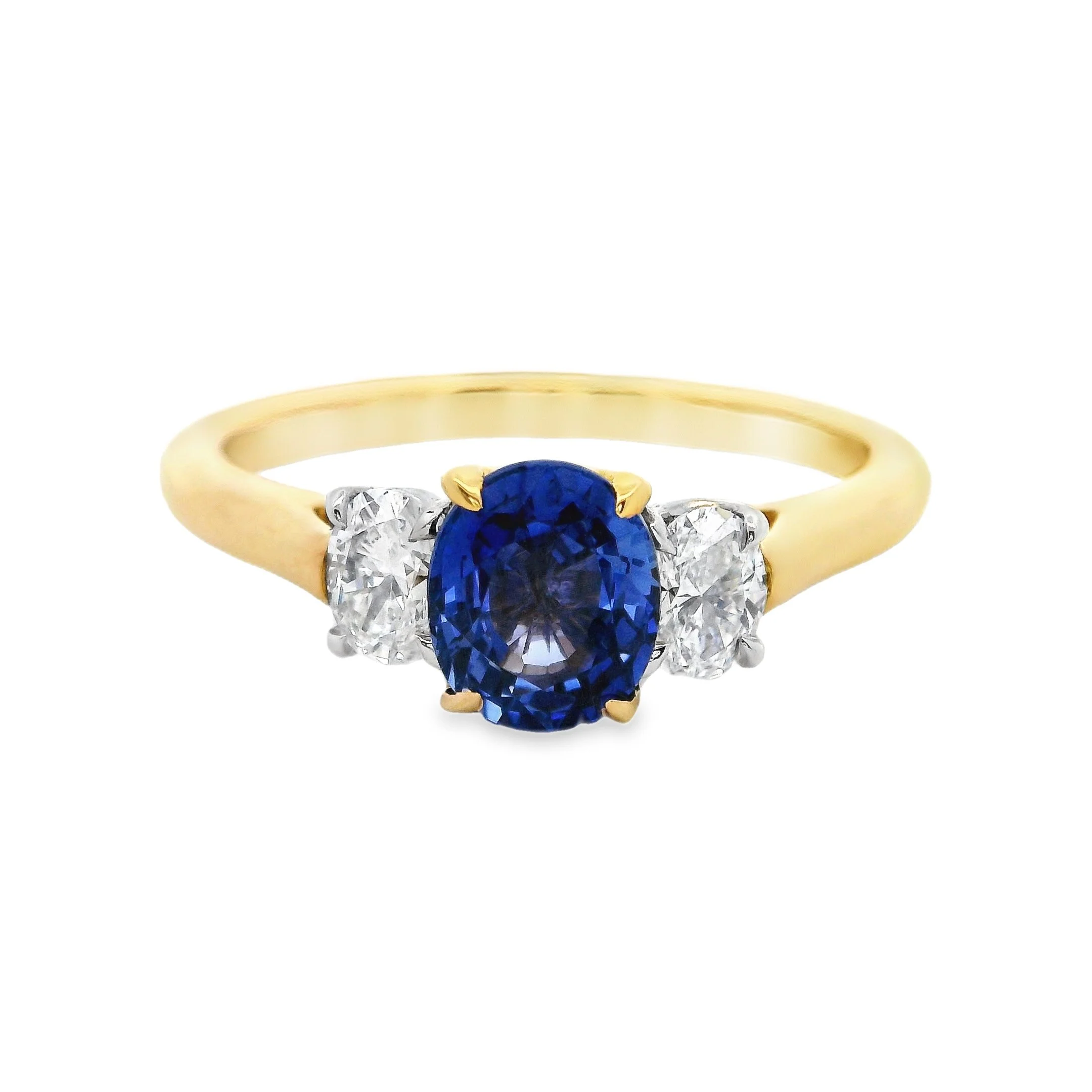 18ct Yellow Gold & Platinum Claw Set Oval Sapphire & Diamond 3 Stone Ring