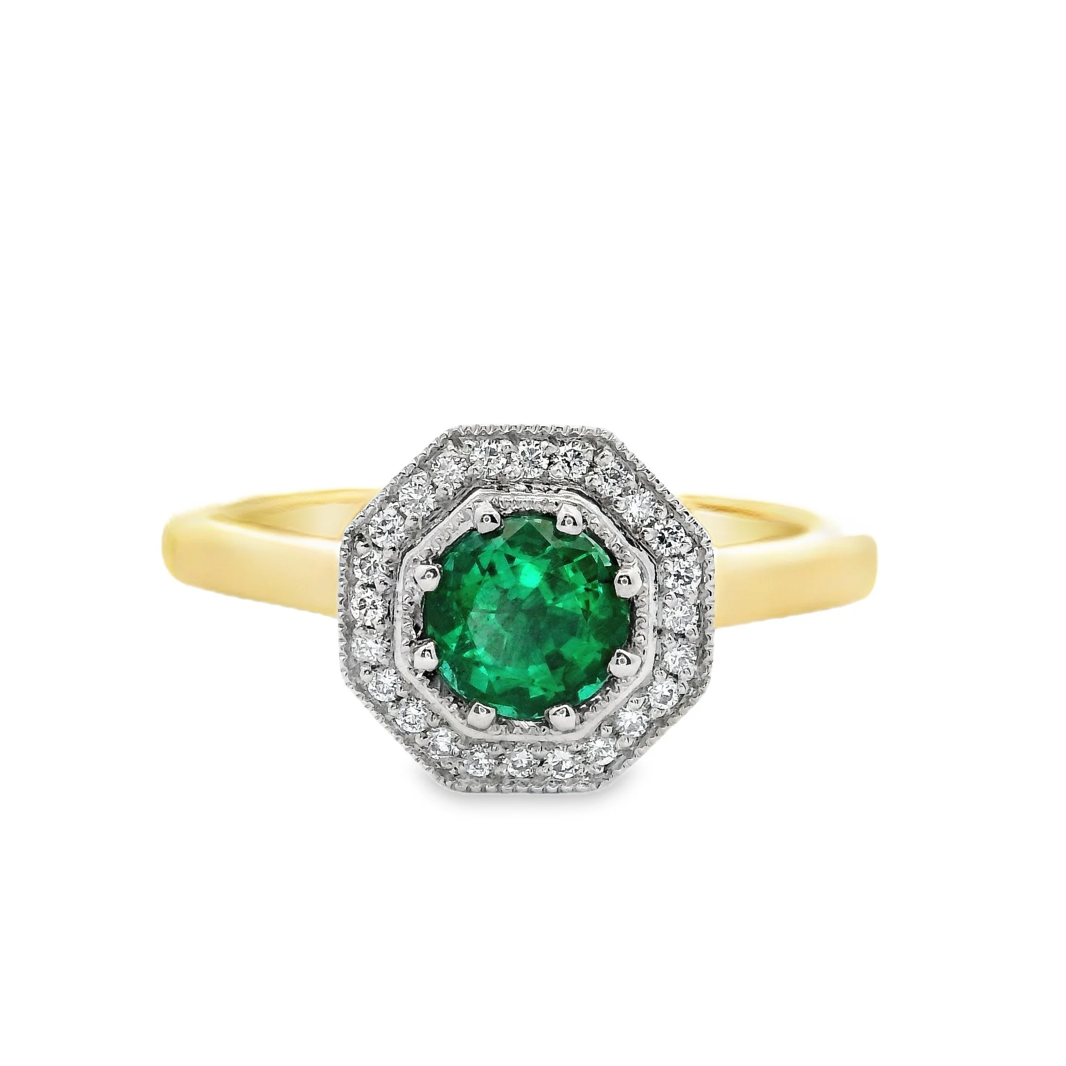 18ct Yellow Gold & Platinum Claw Set Round Emerald & Diamond Octagonal Halo Ring