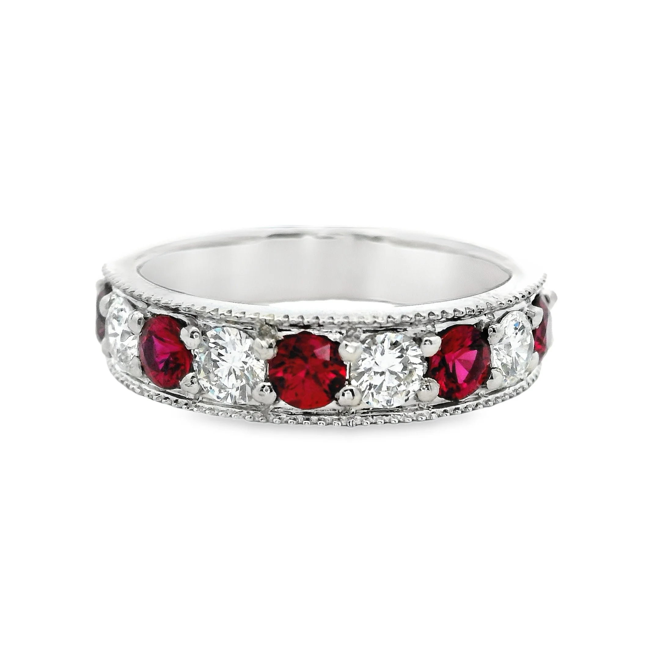 Platinum Ruby & Diamond Half Eternity Ring, with Milgrain Edge
