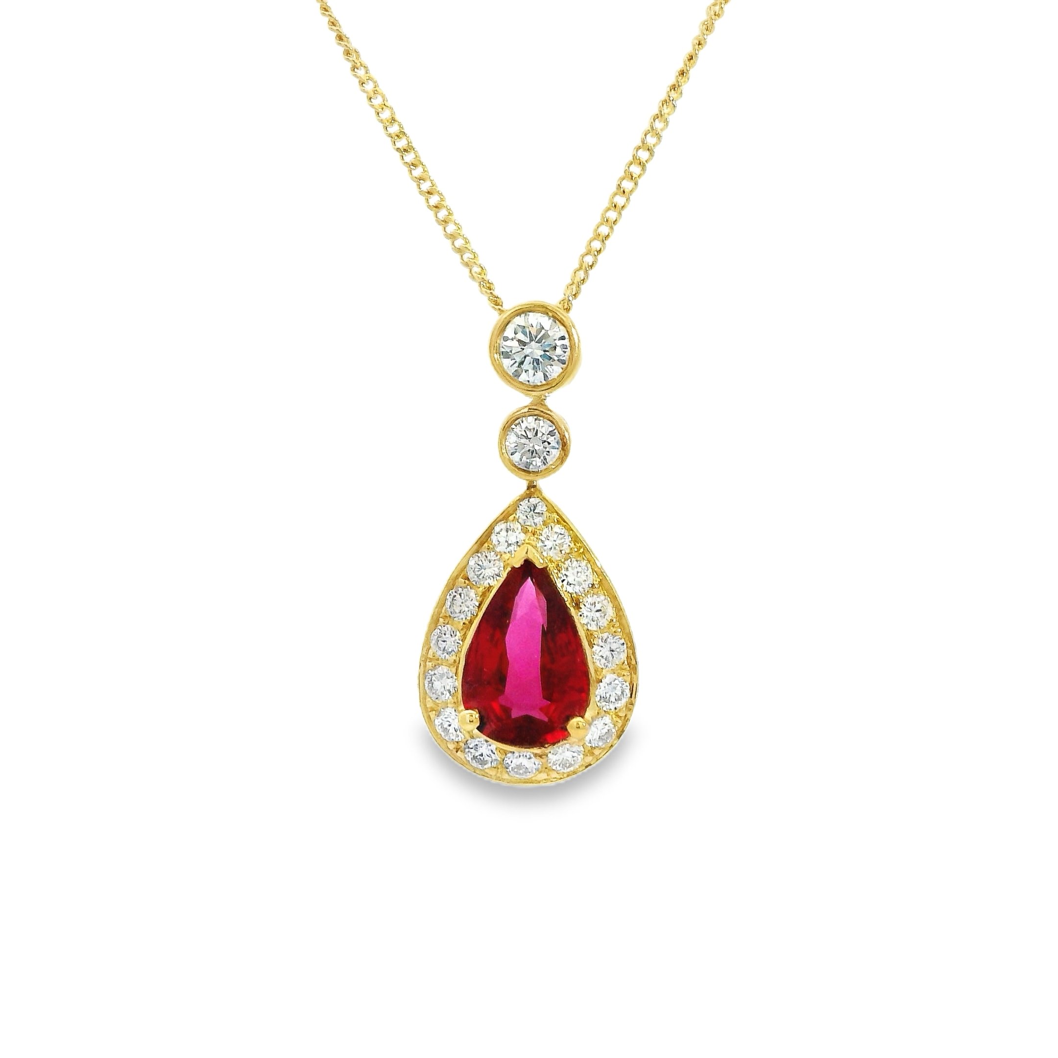 18ct Yellow Gold Claw Set Pear Shape Ruby & Diamond Halo Pendant