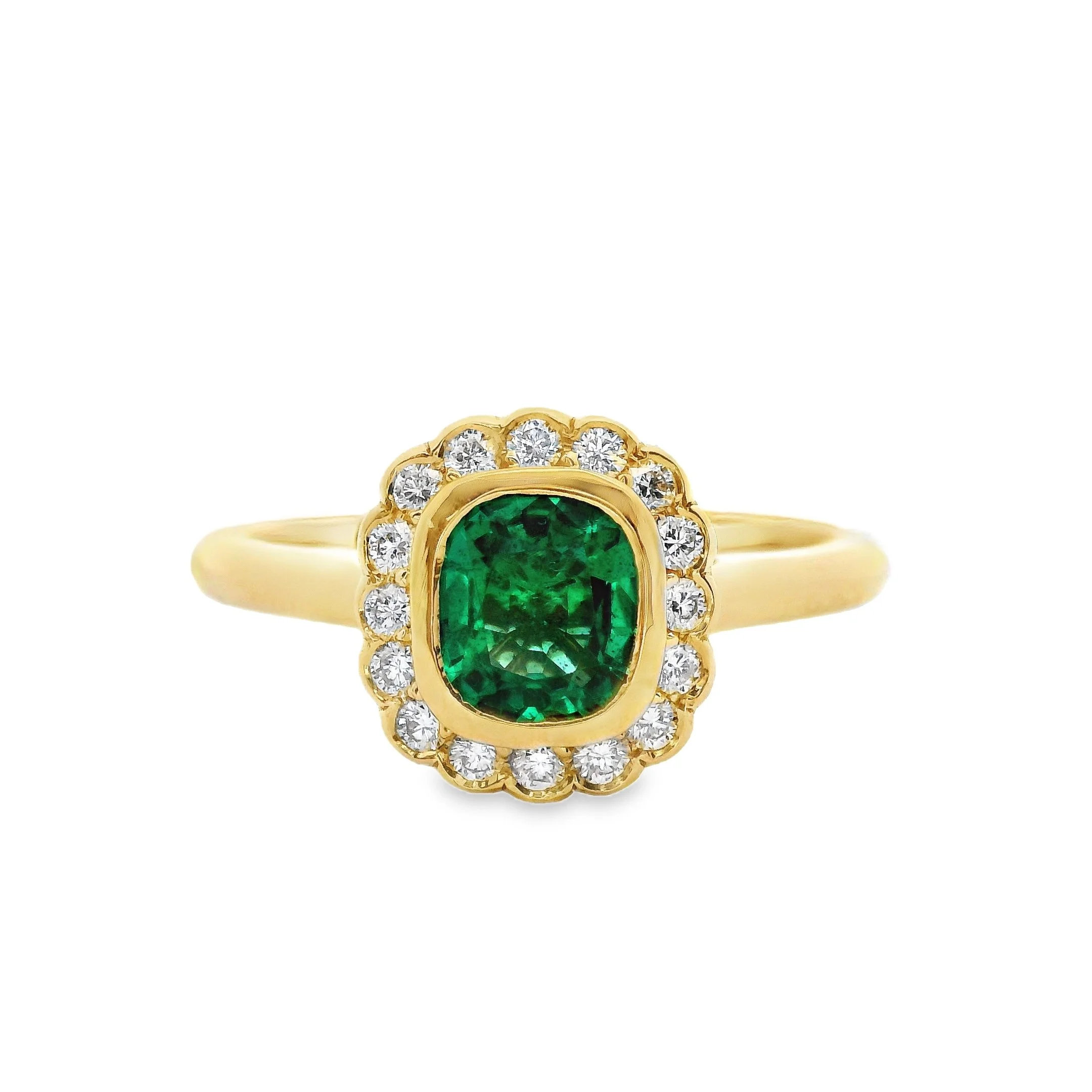 18ct Yellow Gold Bezel Set Cushion Emerald & Diamond Cluster Ring