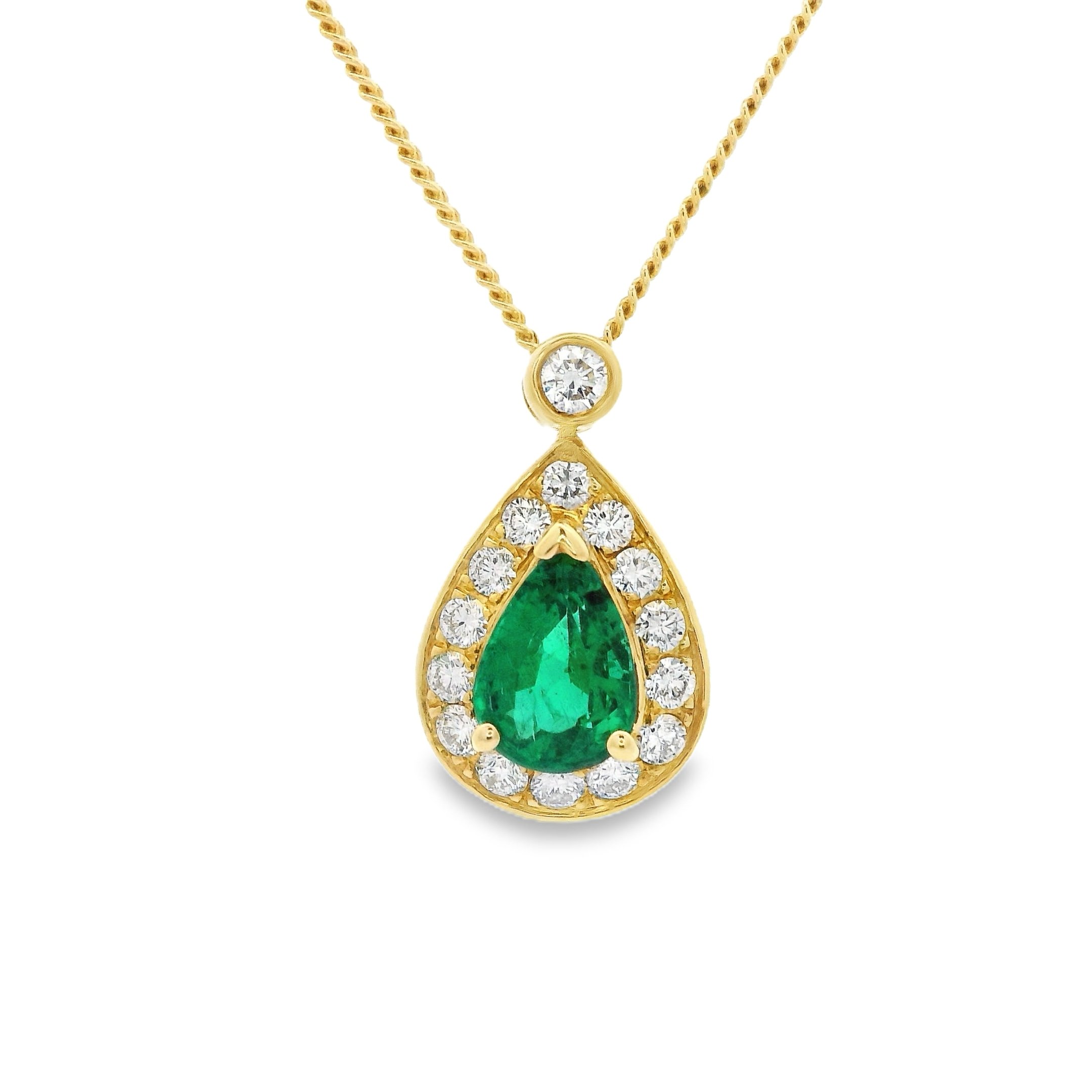 18ct Yellow Gold Claw Set Pear Shape Emerald & Diamond Halo Pendant