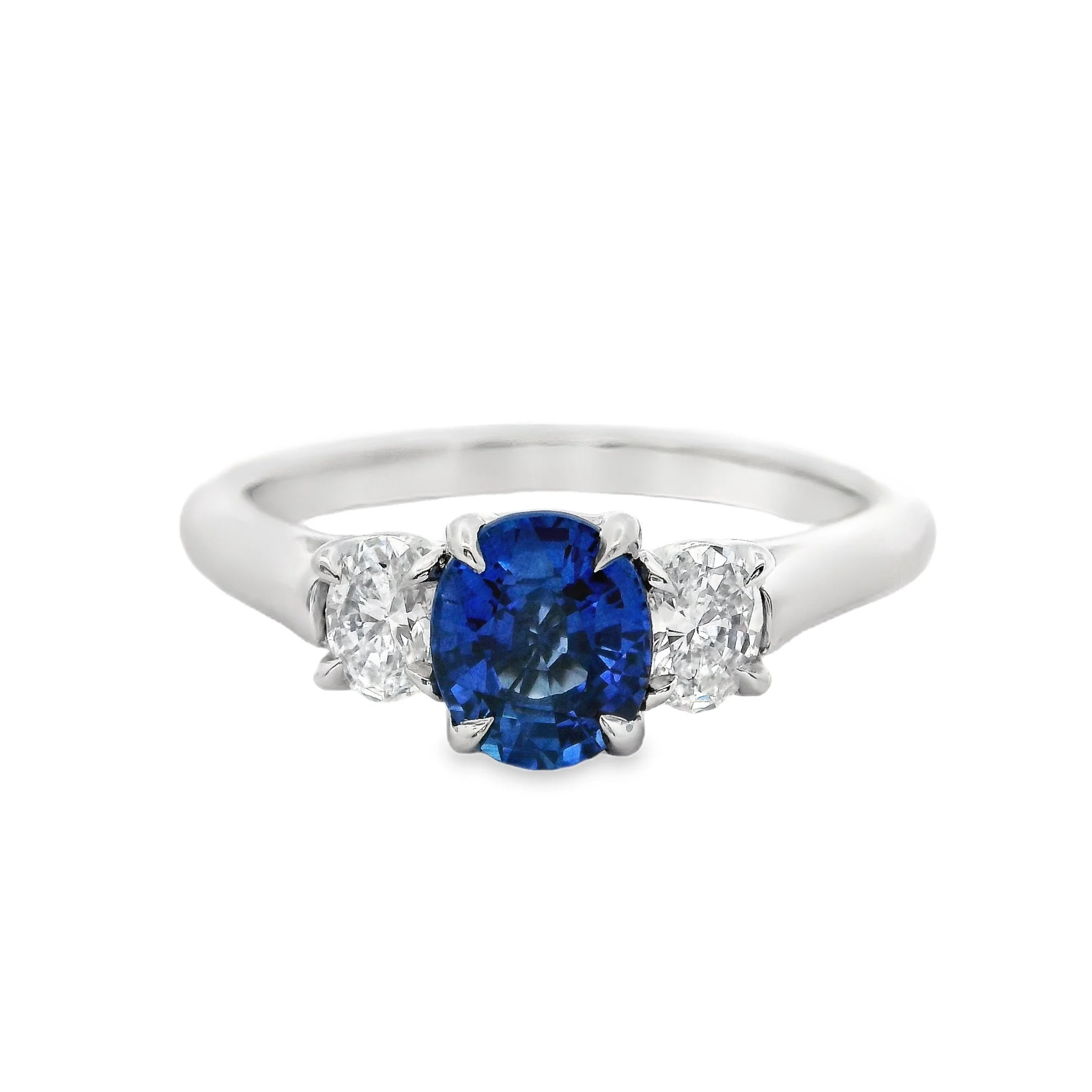 Platinum Claw Set Oval Sapphire & Diamond 3 Stone Ring