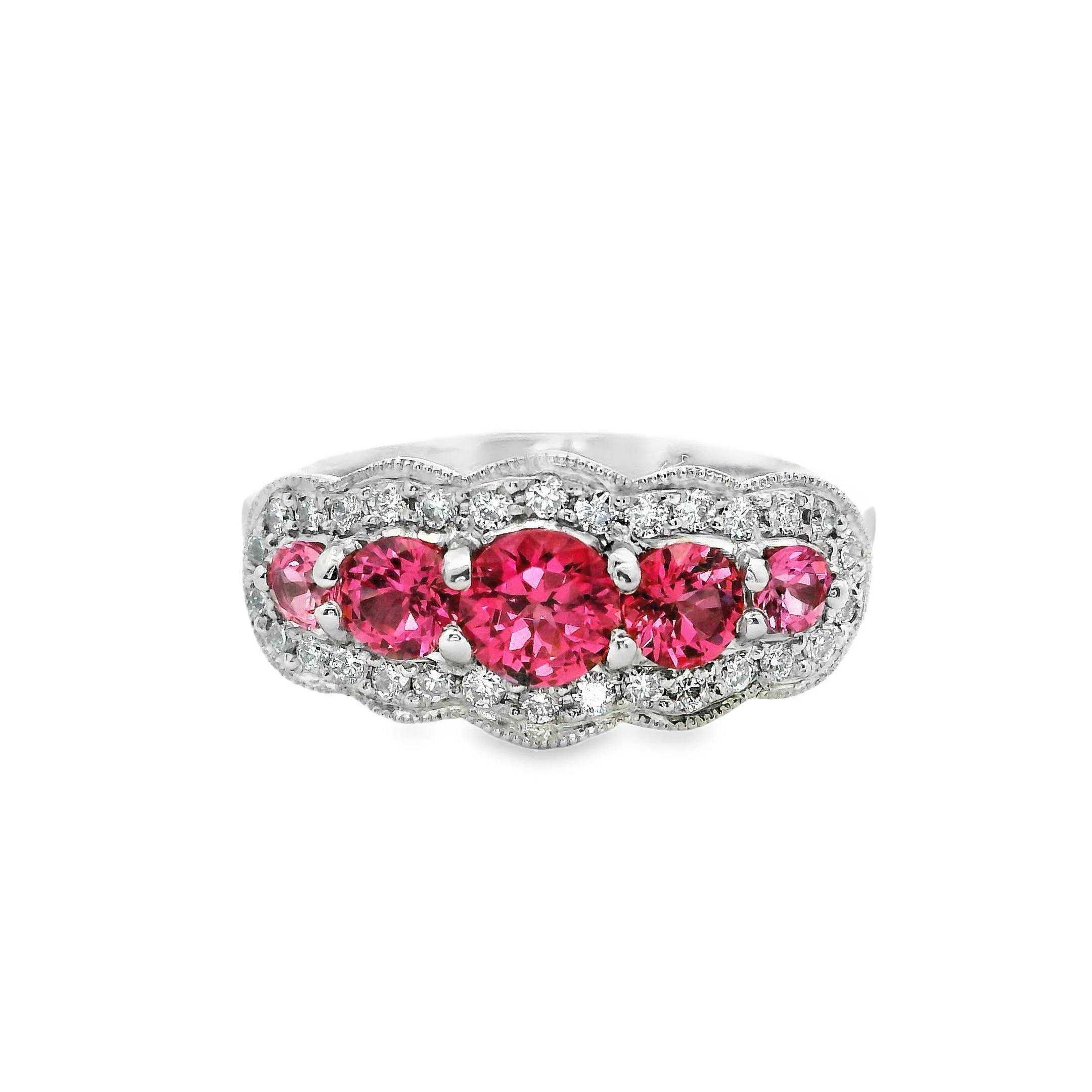 Platinum Claw Set 5 Stone Pink Spinel & Diamond Halo Ring