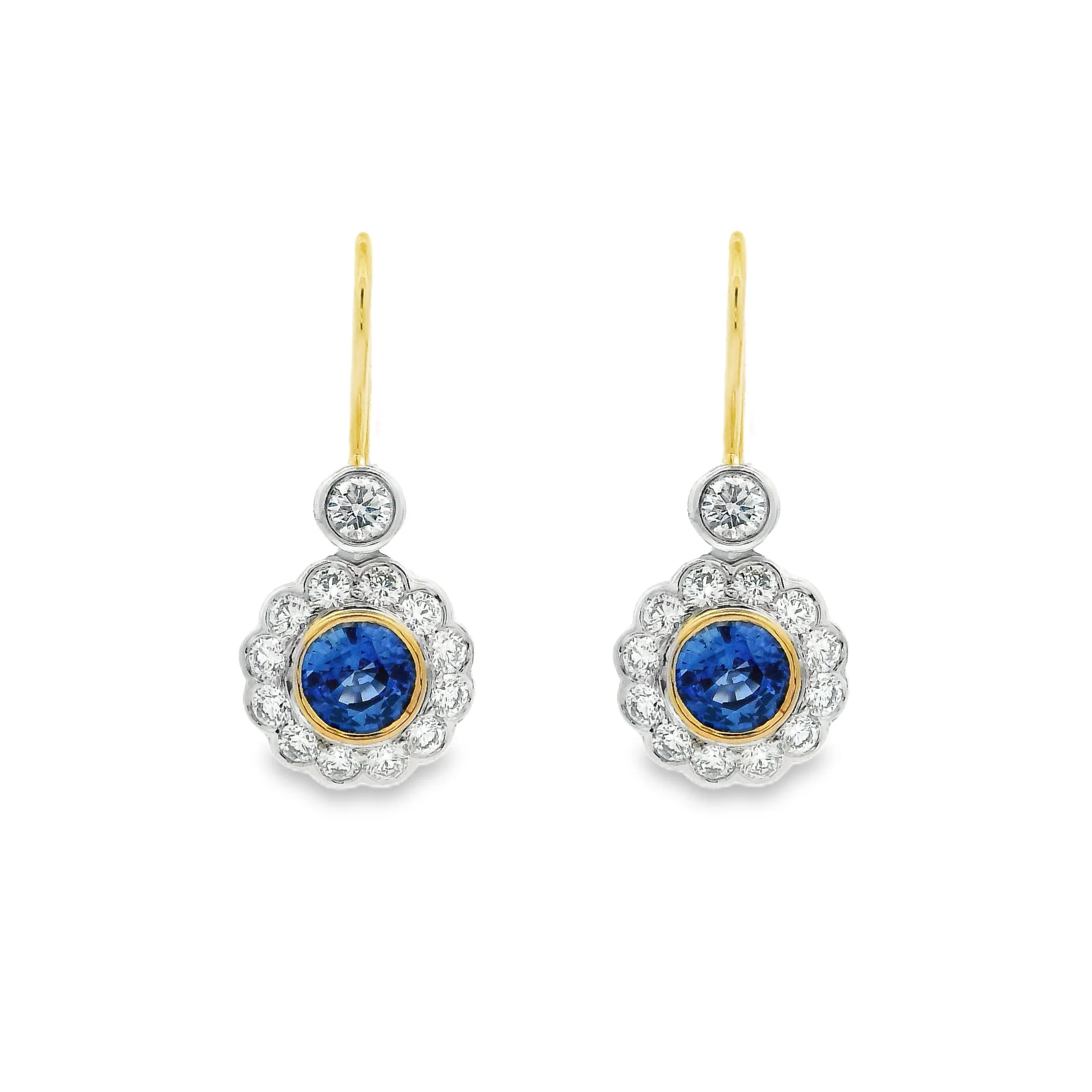 18ct White & Yellow Gold Bezel Set Round Sapphire & Diamond Cluster Drop Earrings