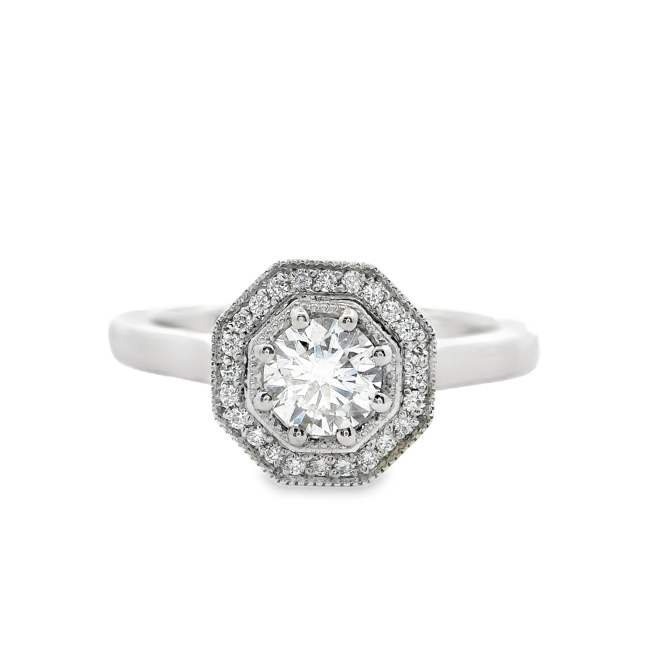 Platinum Claw Set Brilliant Cut Diamond Octagonal Halo Ring