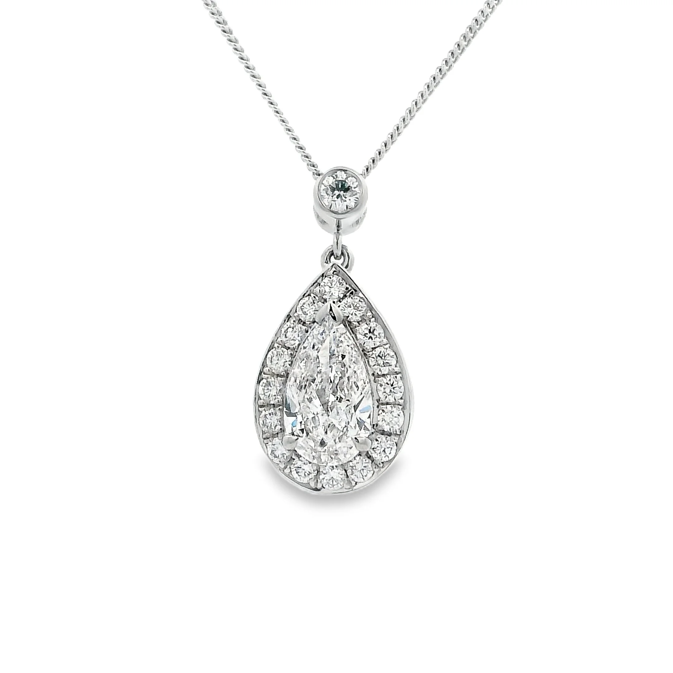 18ct White Gold Claw Set Pear Shape Diamond Halo Pendant
