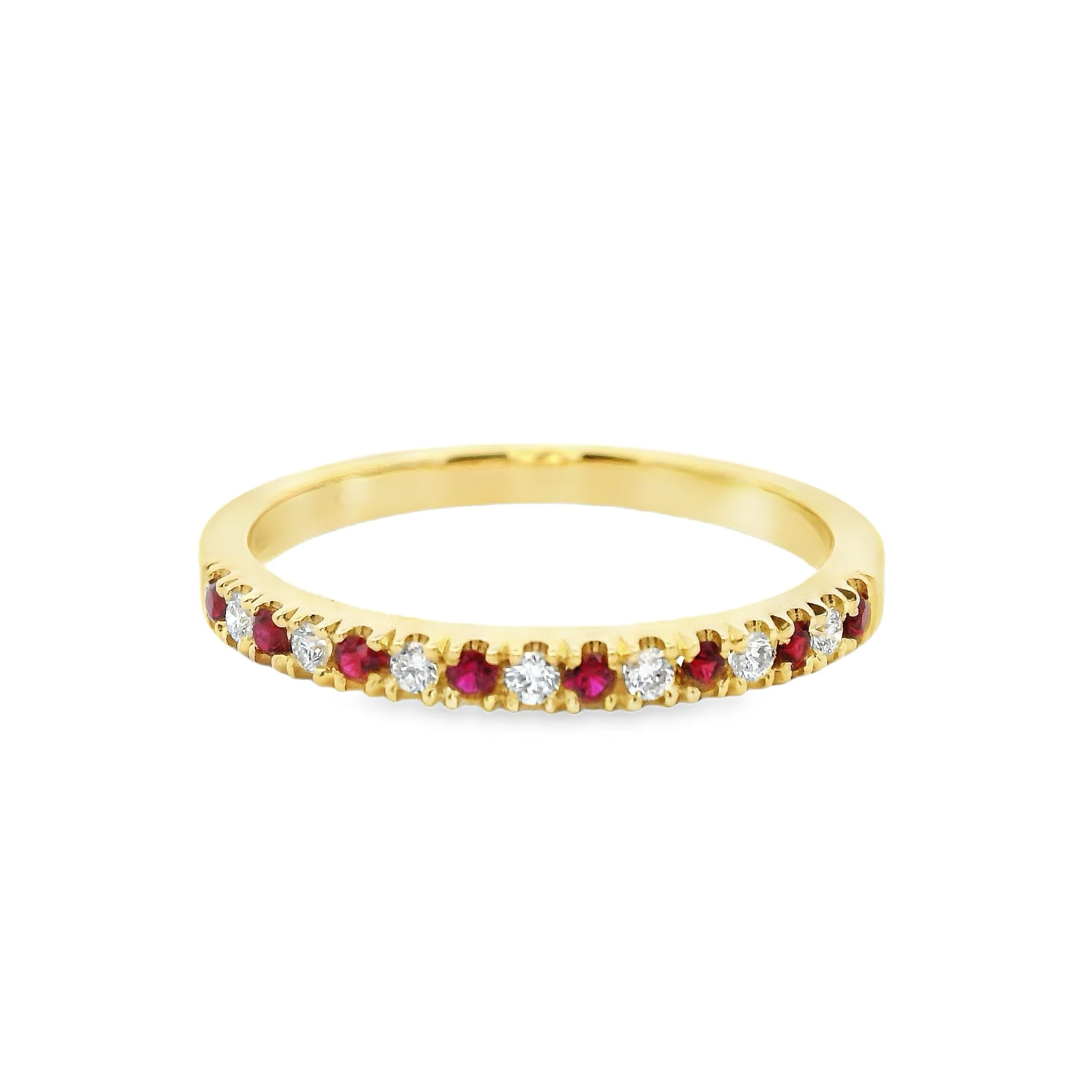 18ct Yellow Gold 2mm Castle Set Ruby & Diamond Half Eternity Ring
