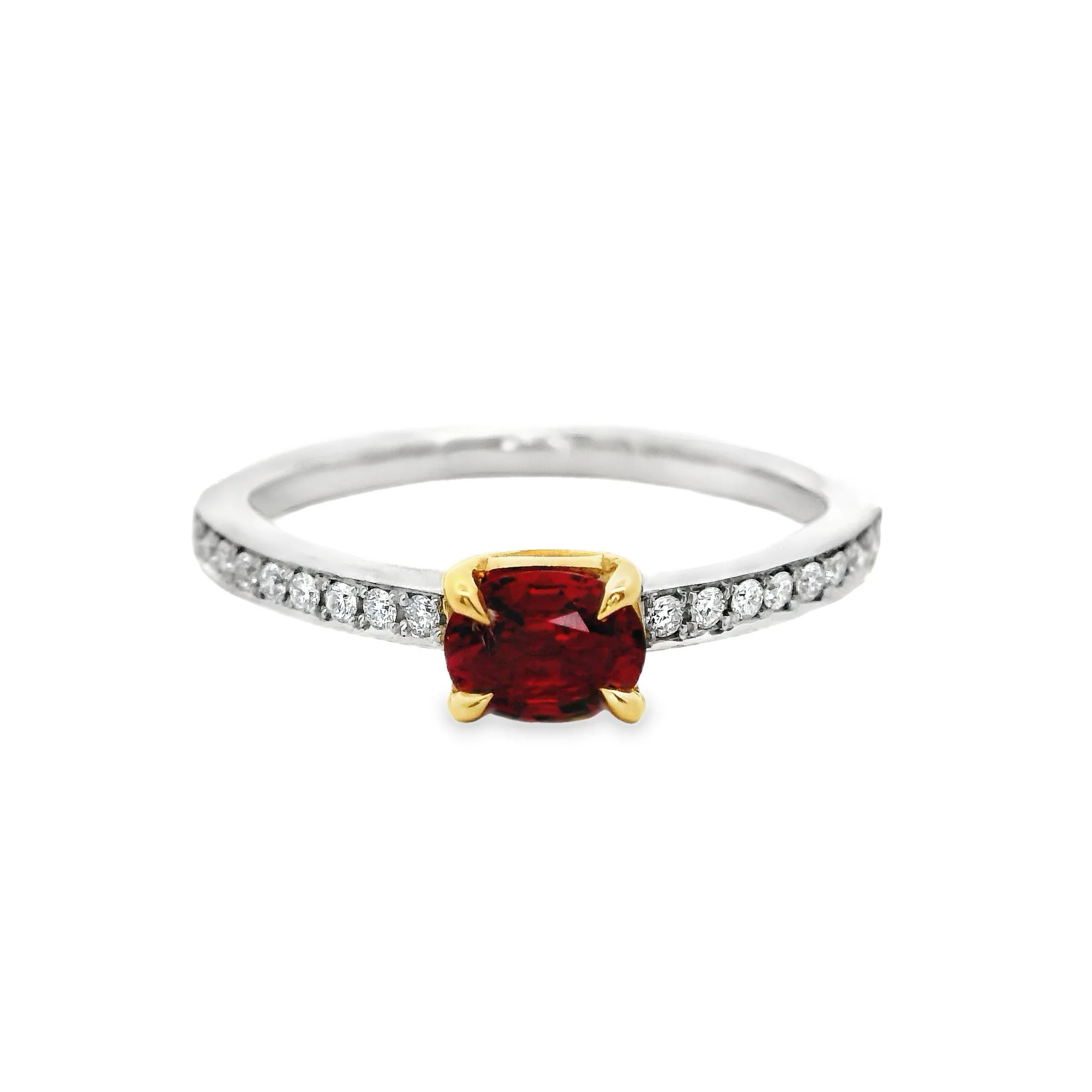 Platinum & 18ct Yellow Gold Claw Set East-West Oval Ruby Single Stone Ring, with Diamond Shoulders