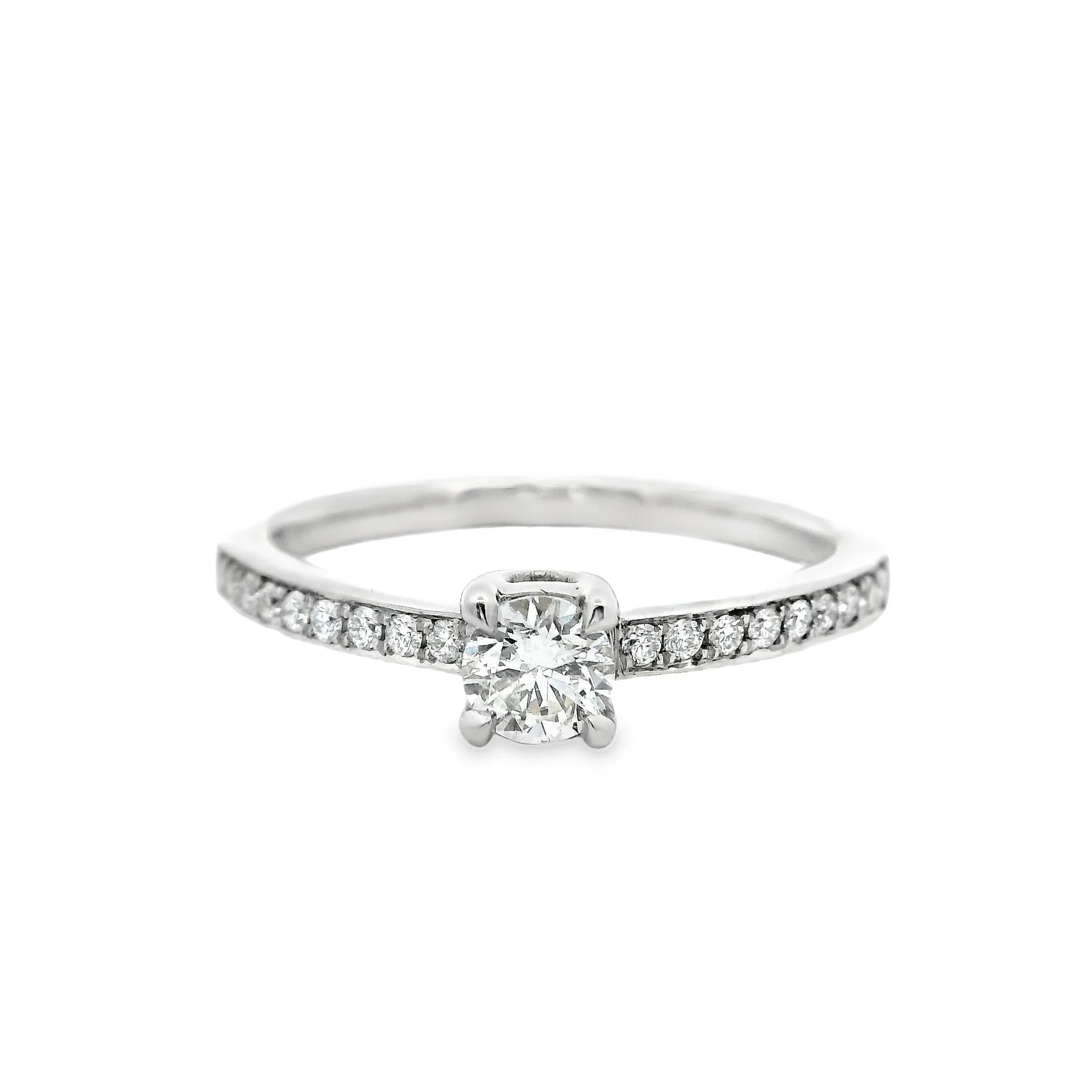 Platinum Claw Set Brilliant Cut Diamond Single Stone Ring, with Diamond Shoulders