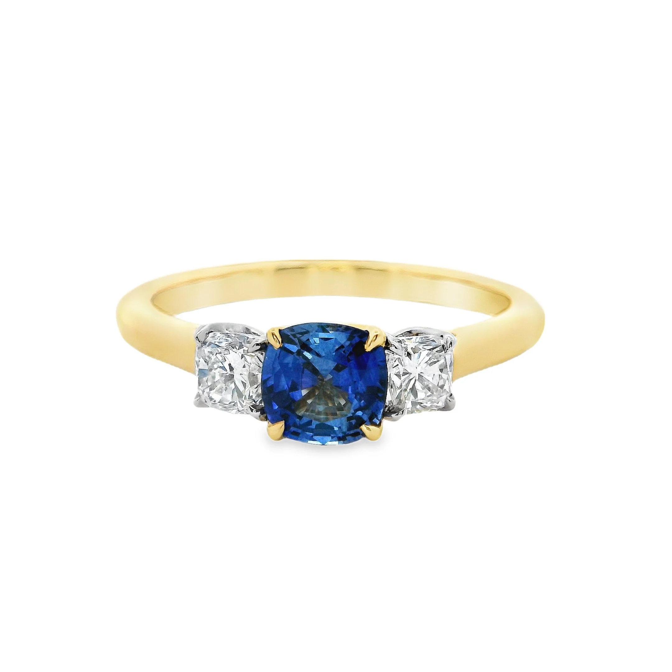 18ct Yellow Gold & Platinum Claw Set Cushion Sapphire & Diamond 3 Stone Ring