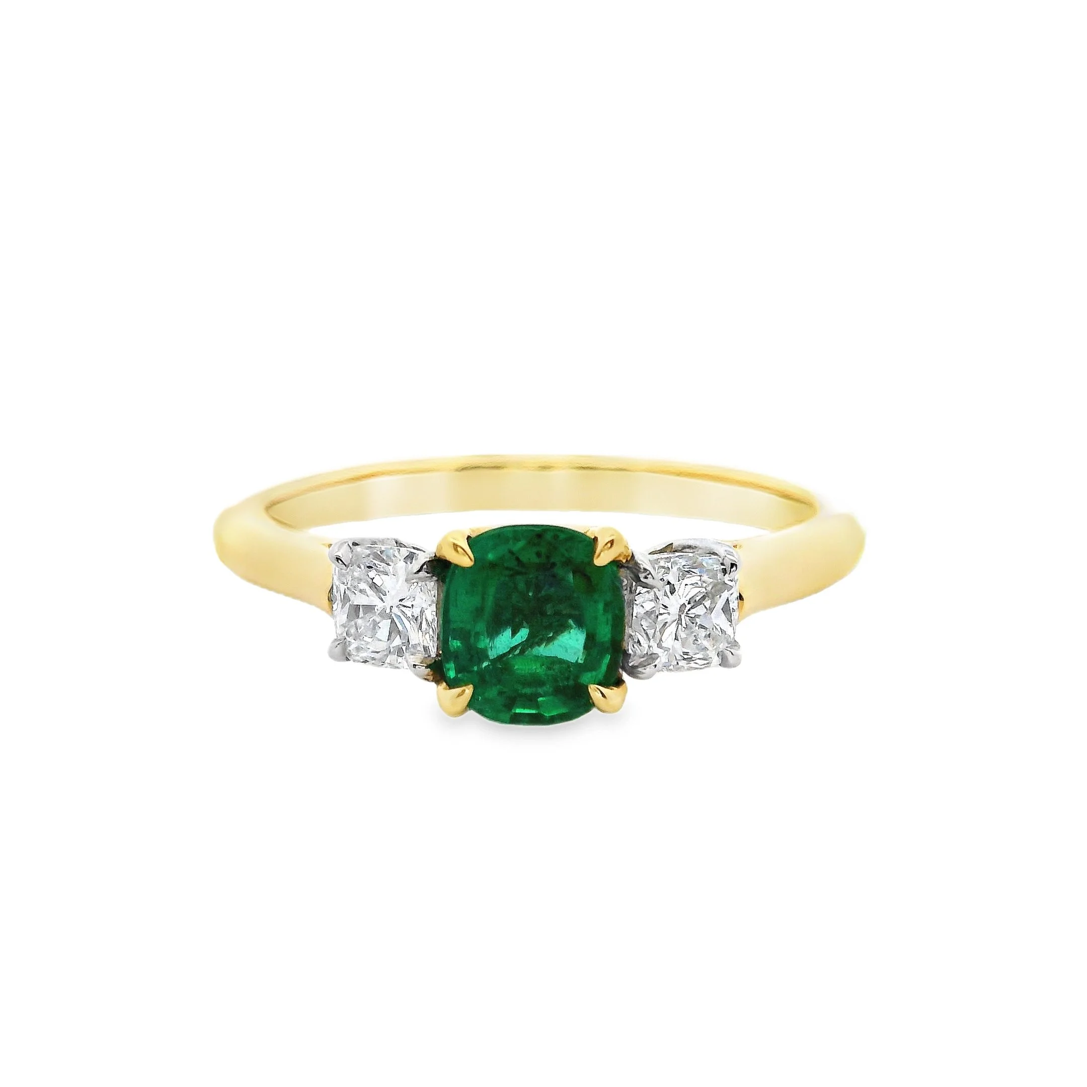 18ct Yellow Gold & Platinum Claw Set Cushion Emerald & Diamond 3 Stone Ring