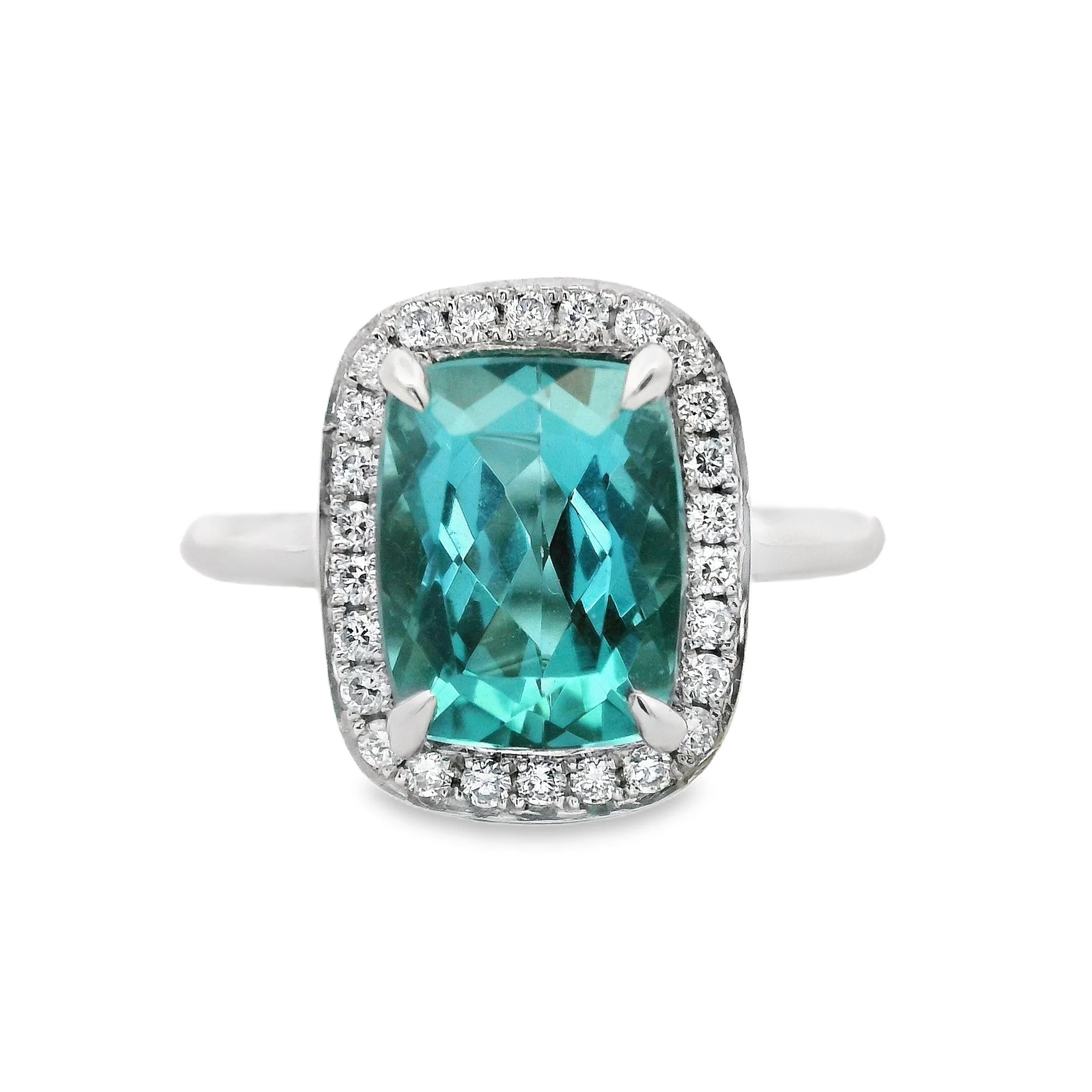 Platinum Claw Set Cushion Lagoon Blue Tourmaline & Diamond Halo Ring