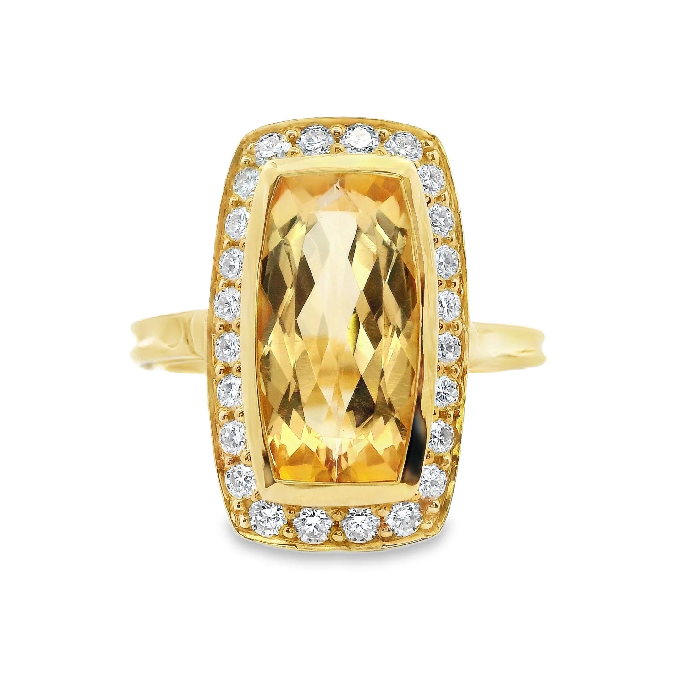 18ct Yellow Gold Bezel Set Rectangular Cushion Imperial Topaz & Diamond Halo Ring