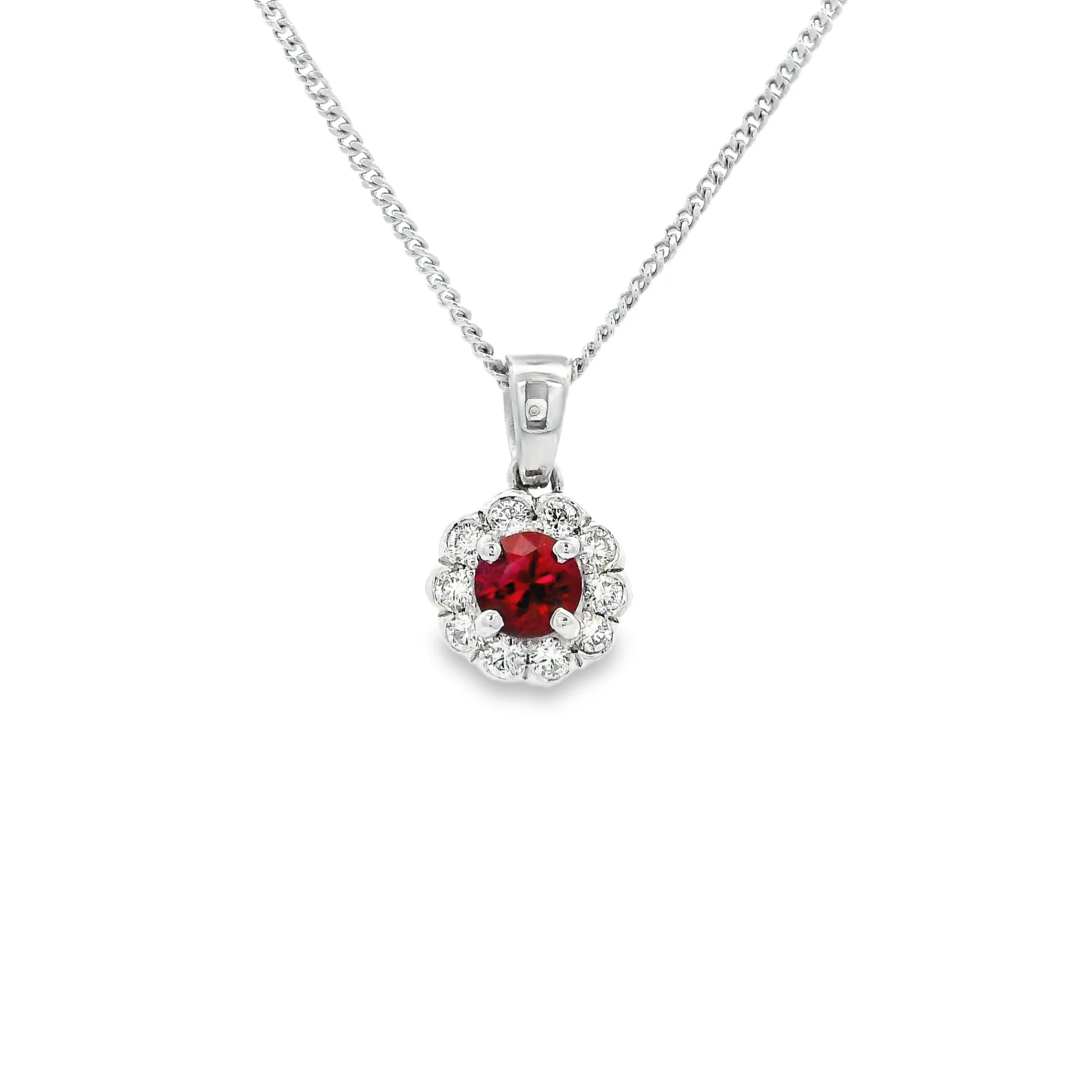 18ct White Gold Claw Set Round Ruby & Diamond Cluster Pendant