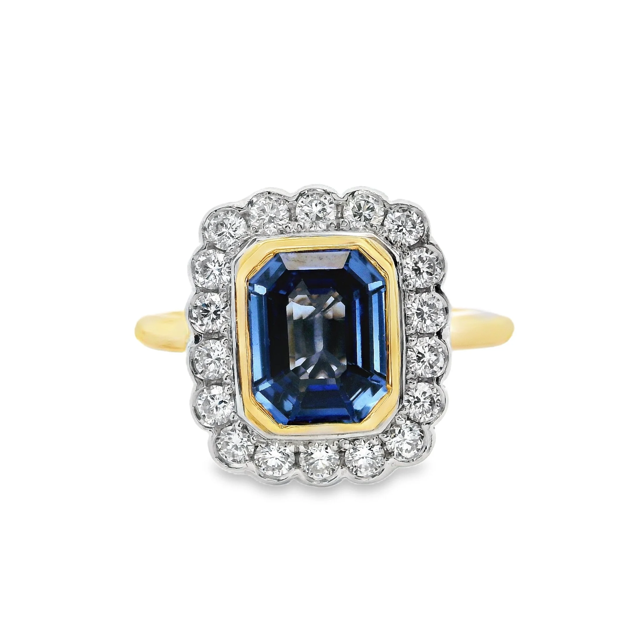 18ct Yellow Gold & Platinum Bezel Set Emerald Cut Sapphire & Diamond Cluster Ring