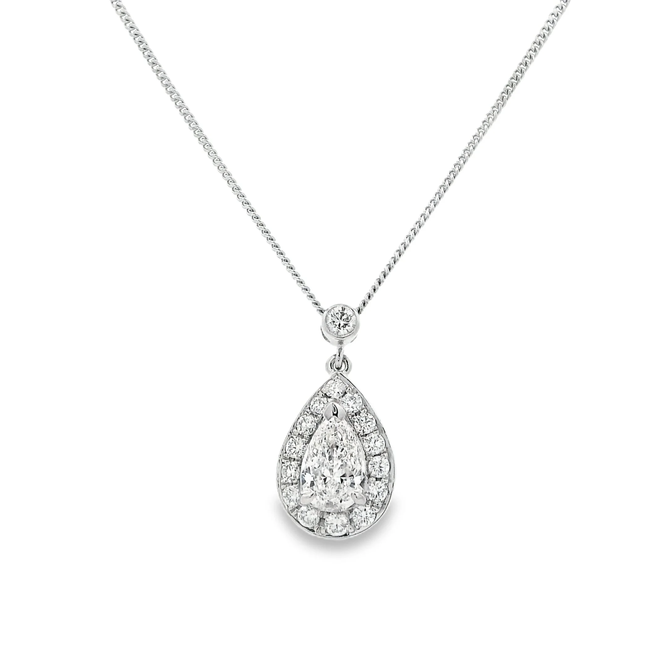 18ct White Gold Claw Set Pear Shape Diamond Halo Pendant