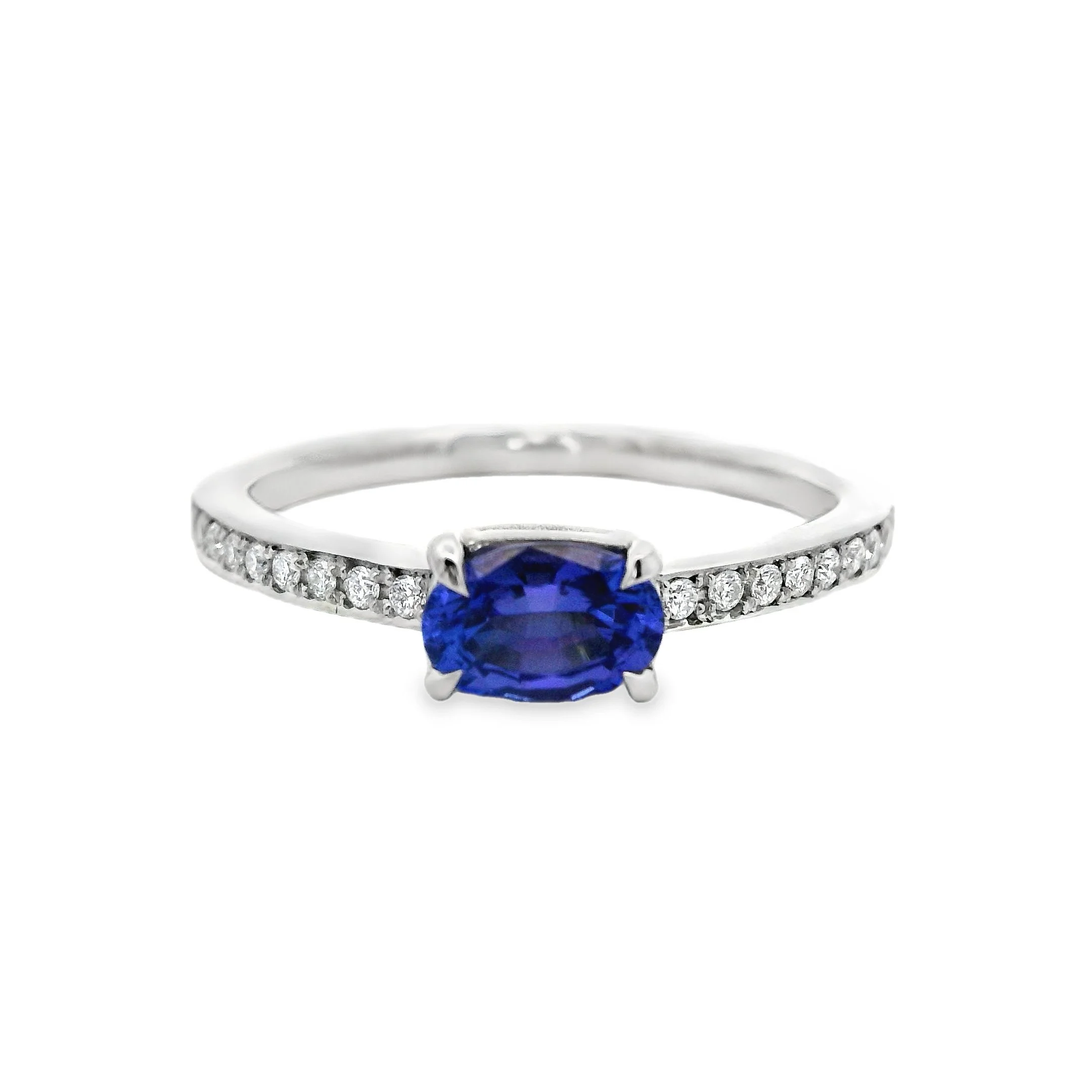 Platinum East-West Claw Set Oval Tanzanite Single Stone Ring with Diamond Shoulders