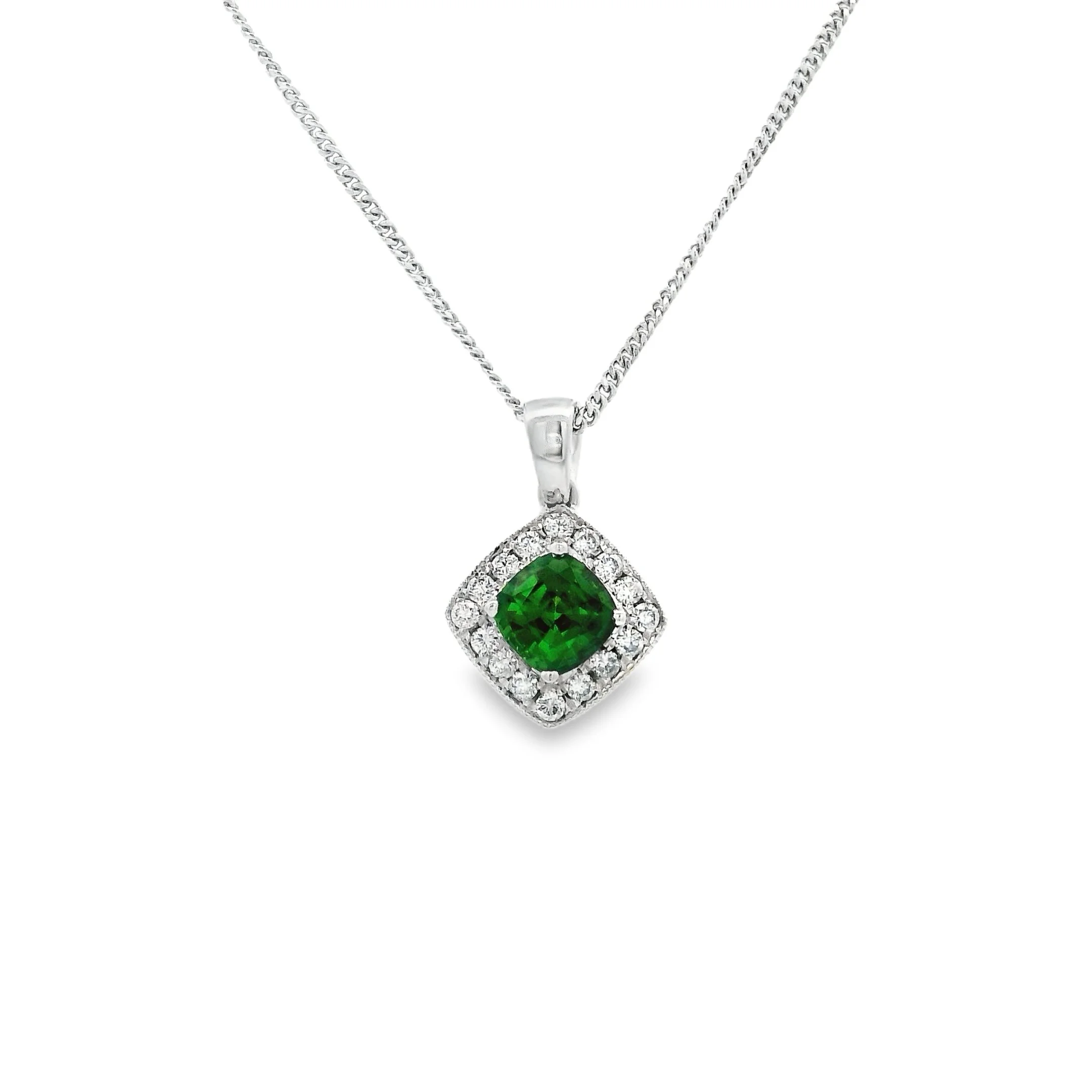 18ct White Gold Claw Set Cushion Chrome Tourmaline & Diamond Halo Pendant
