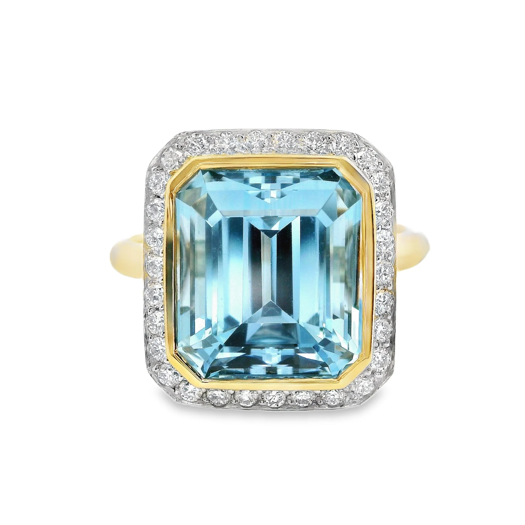 18ct Yellow Gold & Platinum Bezel Set Emerald Cut Aquamarine & Diamond Halo Ring