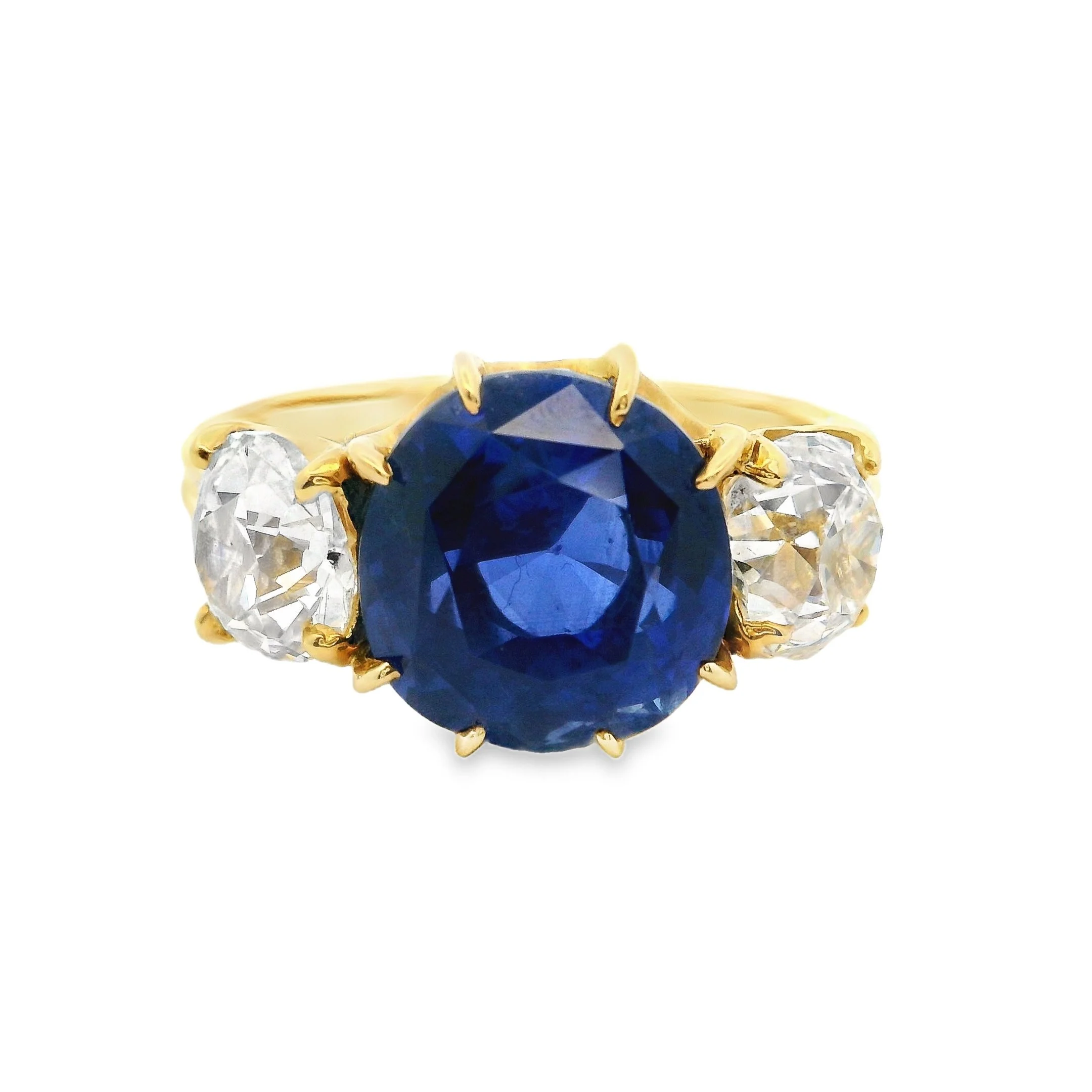 18ct Yellow Gold Claw Set Round No Heat Burma Sapphire & Old Cut Diamond 3 Stone Ring
