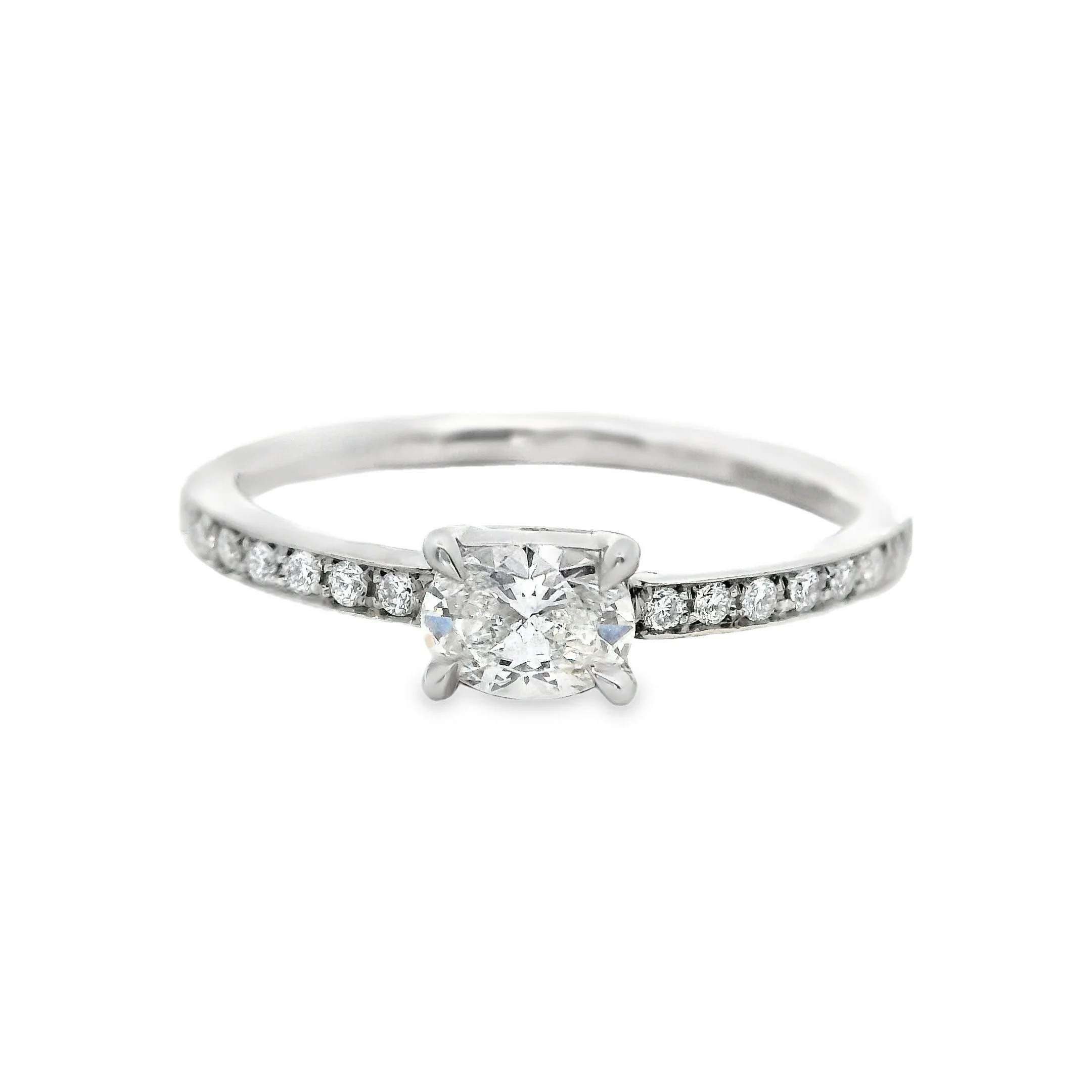 Platinum Claw Set East-West Oval Diamond Single Stone Ring, with Diamond Shoulders