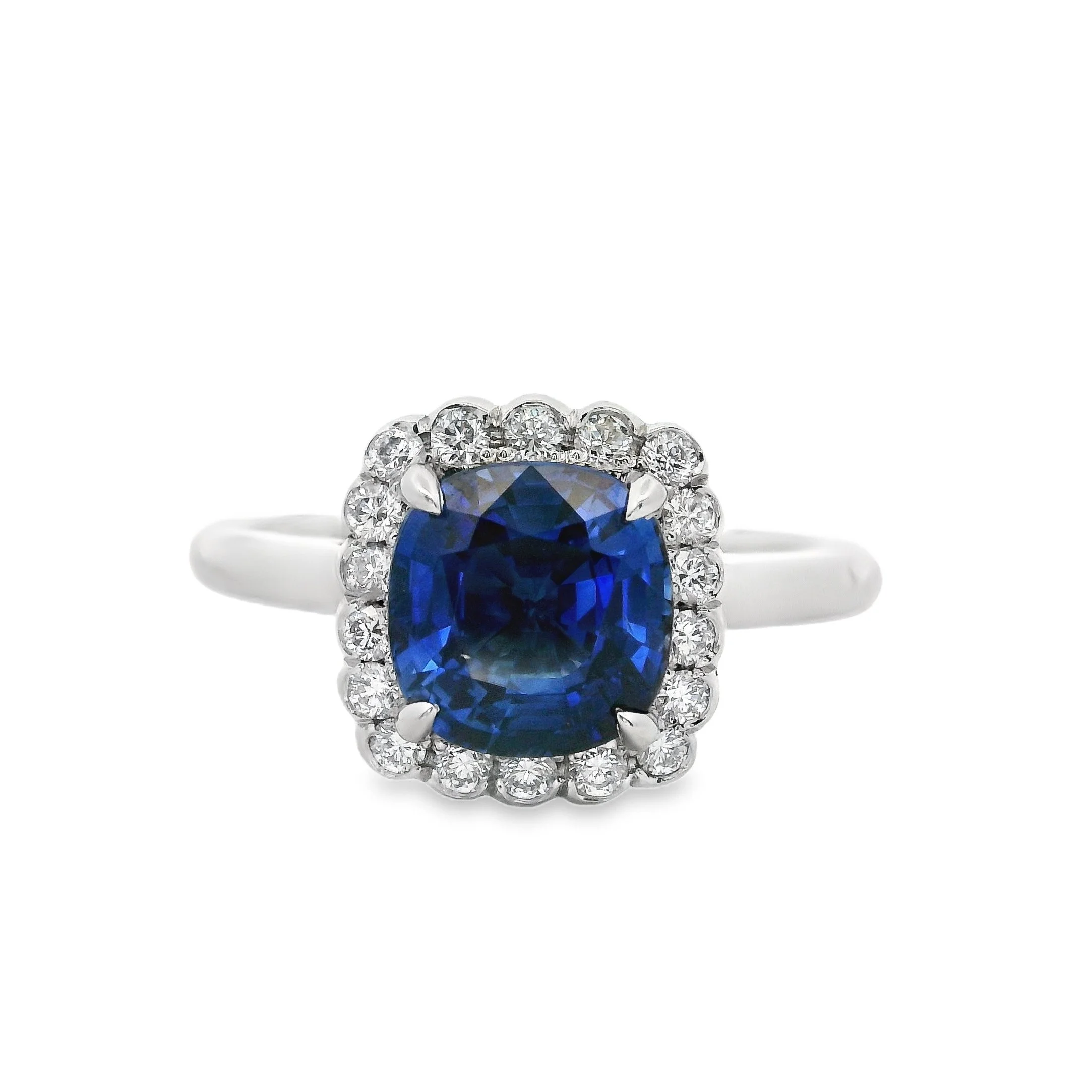 Platinum Claw Set Square Cushion Sapphire & Diamond Cluster Ring