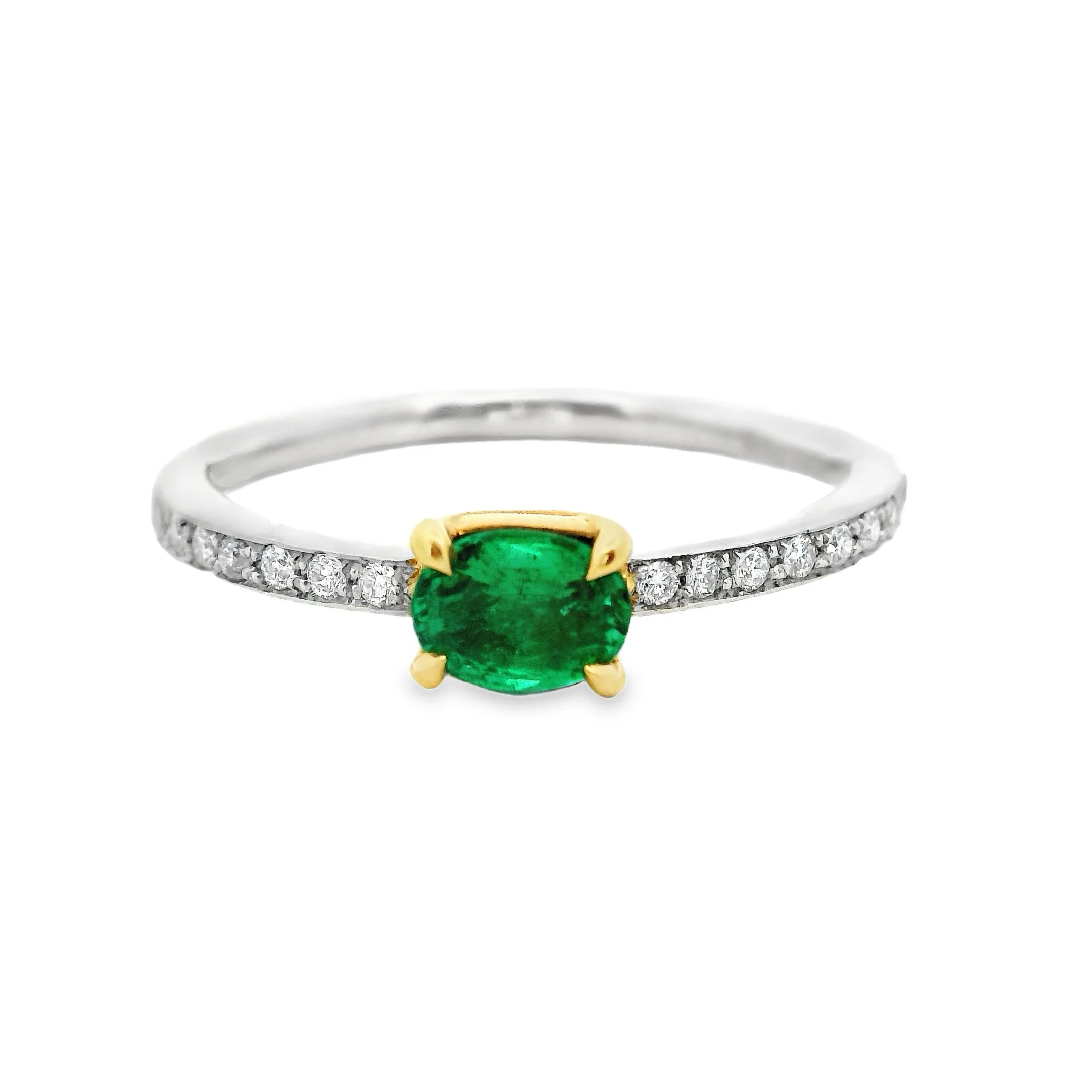 Platinum & 18ct Yellow Gold Claw Set East-West Oval Emerald Single Stone Ring, with Diamond Shoulders