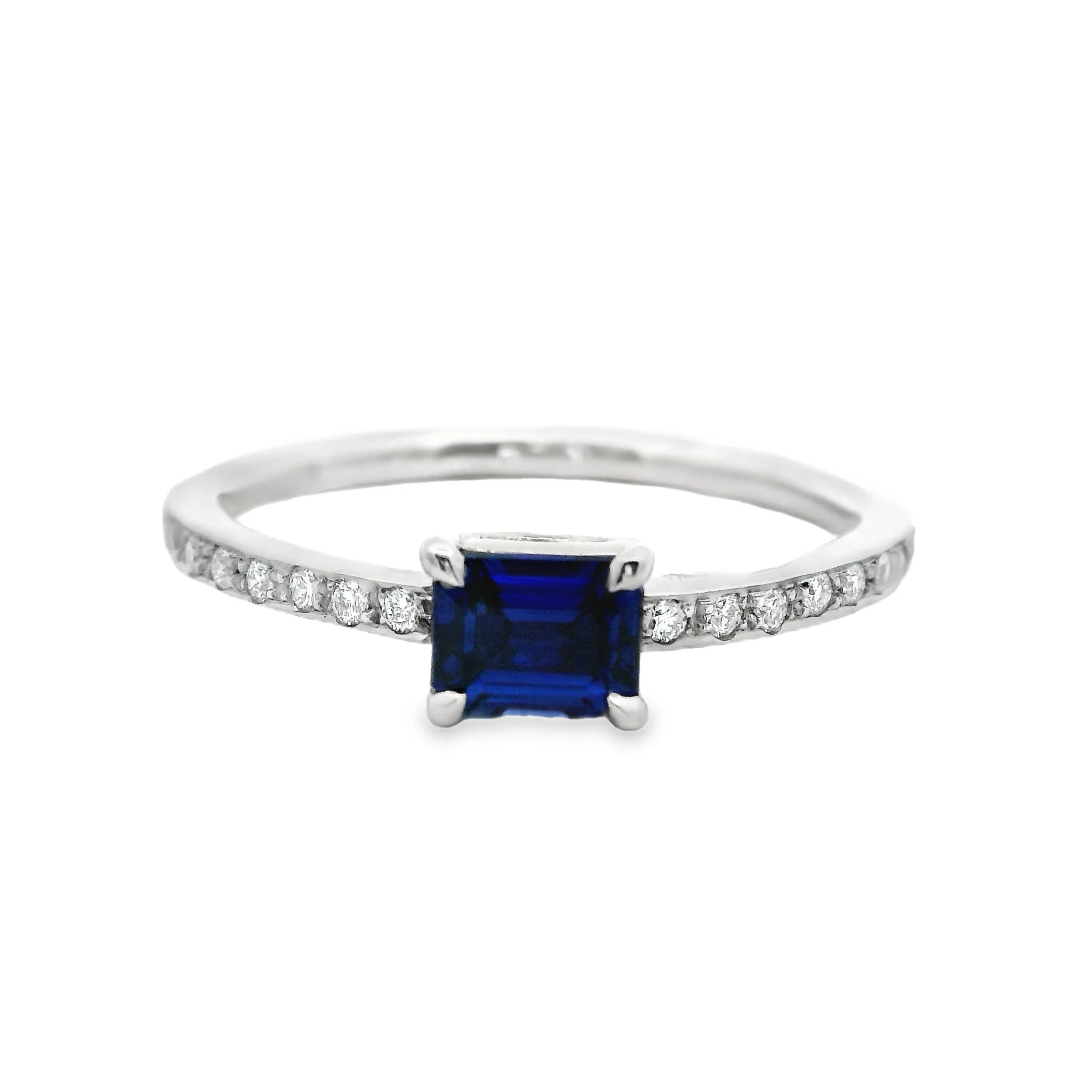 Platinum Claw Set East-West Emerald Cut Sapphire Single Stone Ring, with Diamond Shoulders