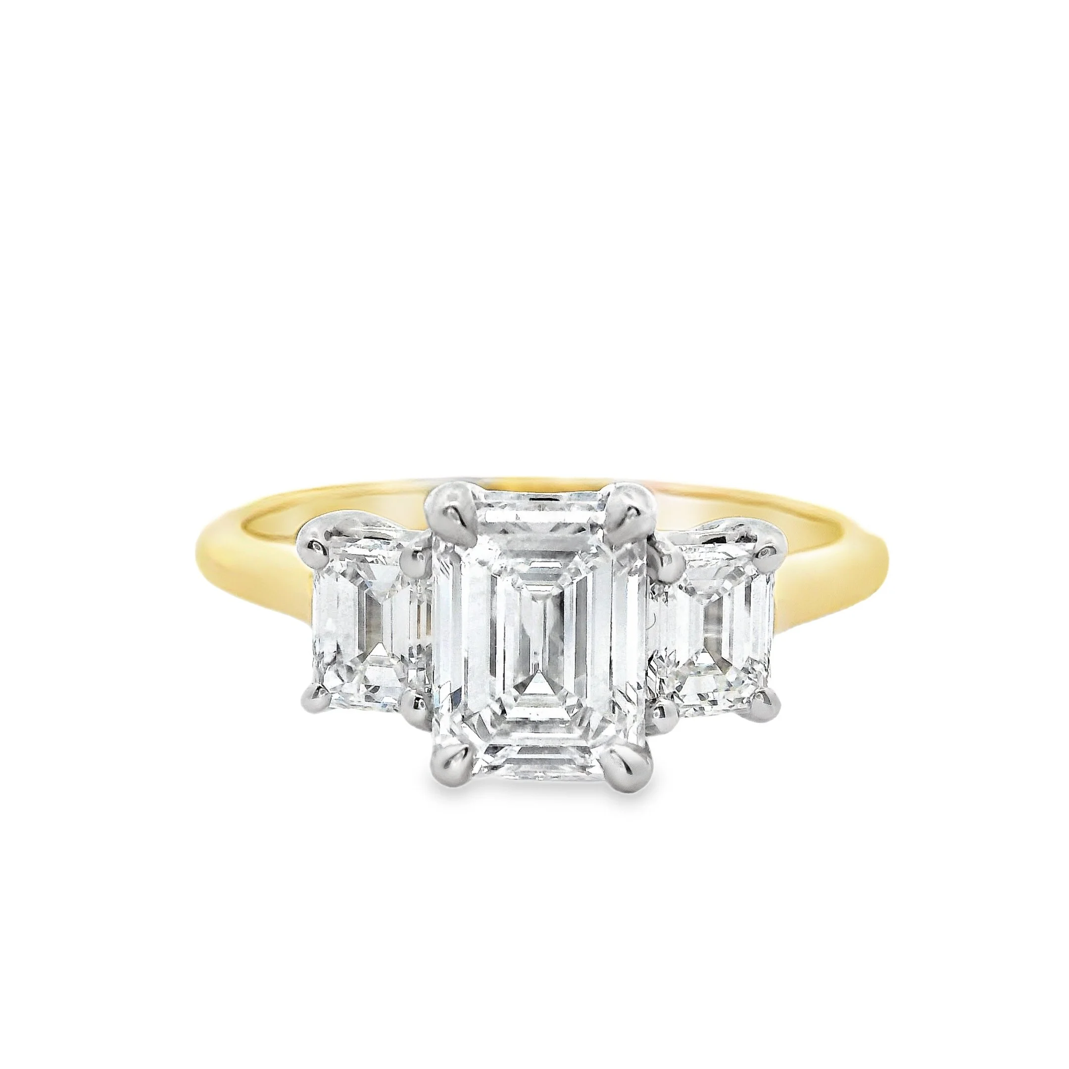 18ct Yellow Gold & Platinum Claw Set Emerald Cut Diamond 3 Stone Ring