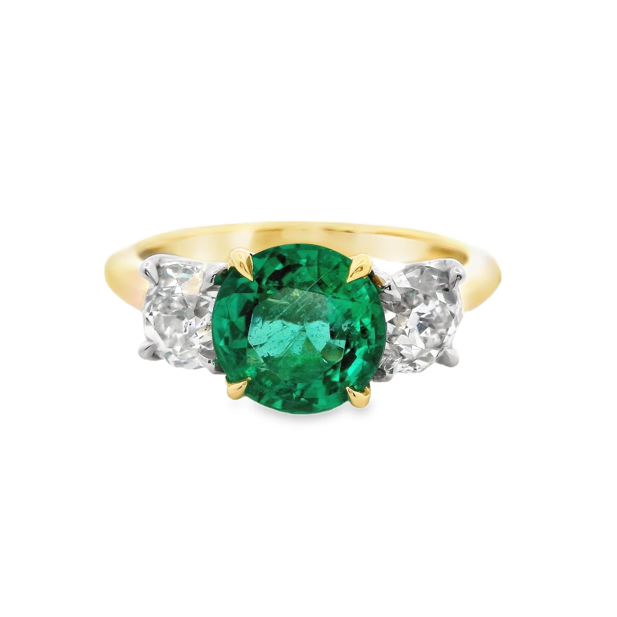 18ct Yellow Gold & Platinum Claw Set Round Emerald & Old Cut Diamond 3 Stone Ring