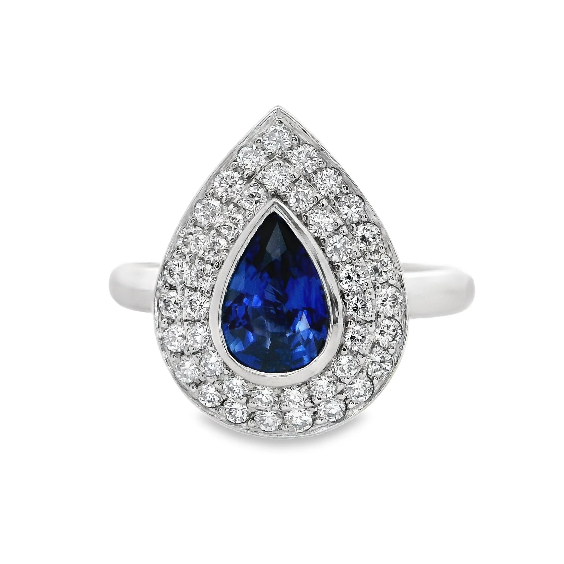 Platinum Bezel Set Pear Shape Sapphire & Diamond Double Halo Ring