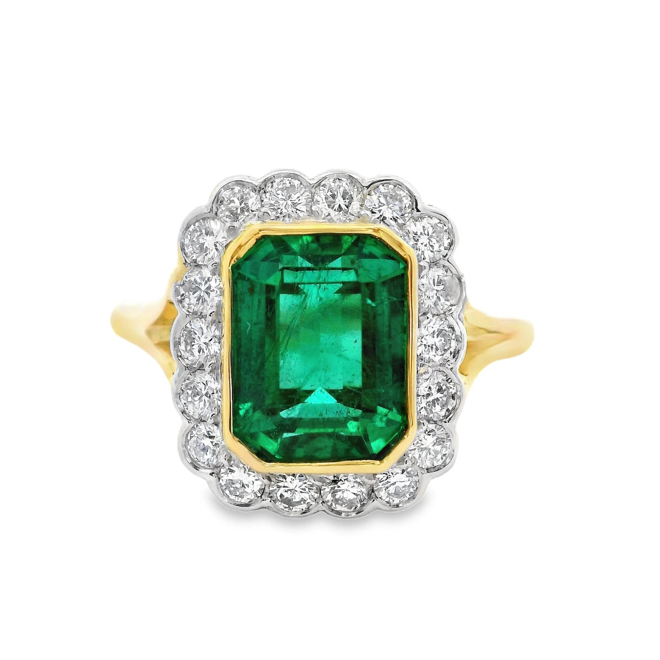18ct Yellow Gold & Platinum Bezel Set Emerald Cut Emerald & Diamond Cluster Ring